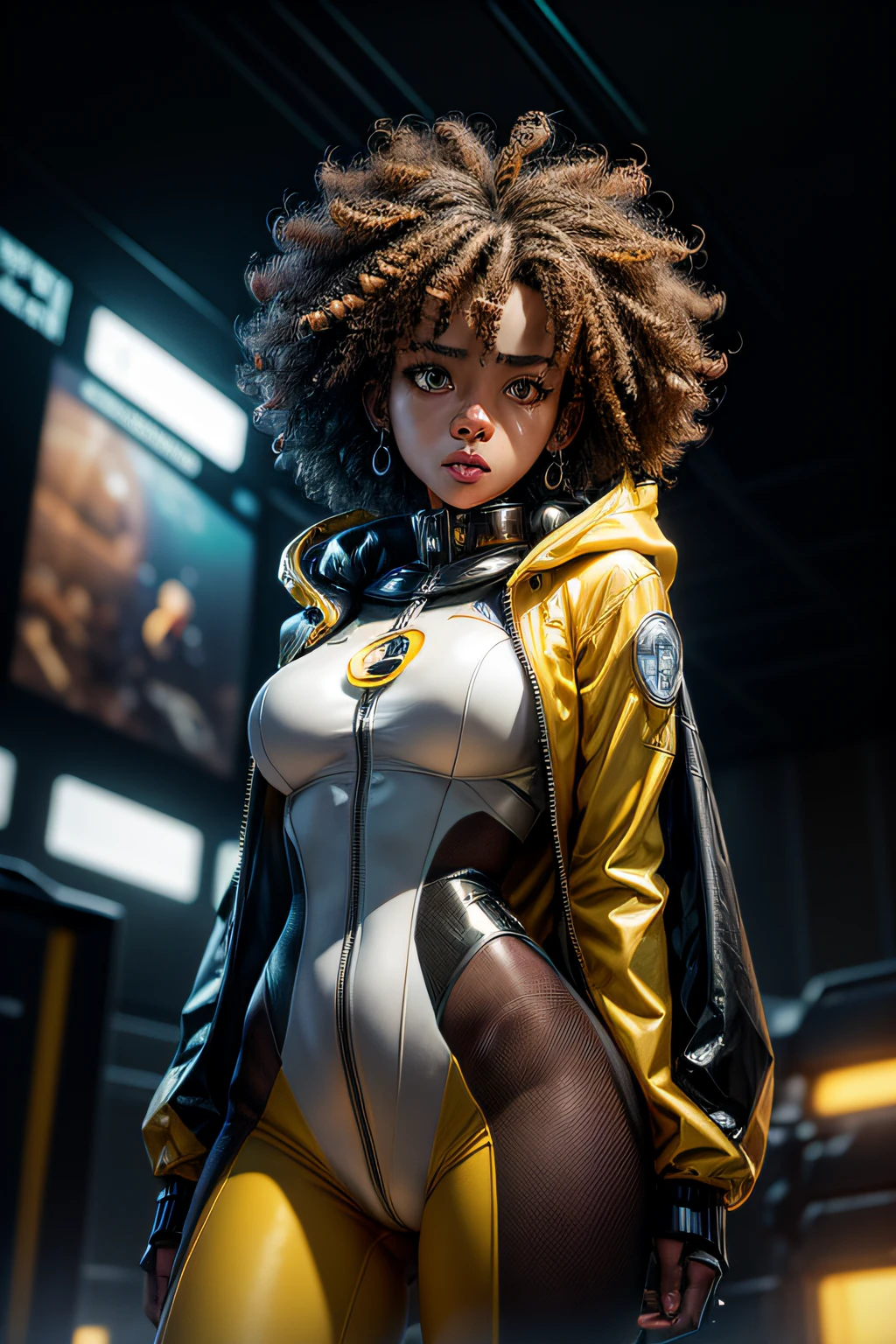 RAW, Masterpiece, Super Fine Photo, Ultra High Resolution, Photorealistic, Sunlight, Full Body Portrait, Stunningly Beautiful, Dynamic Poses, Delicate Face, Vibrant Eyes, solo, deep ebony 1girl, black girl, beautiful face, curly afro hair, black lips, a female character is wearing a yellow and black colored outfit with a backpack and a yellow hoodie jacket, black, yellow and white sports leisure, yellow futuristic smart goggles, clear lens, green eyes, long hair, diamond earrings, cybernetically enhanced, she is standing in front of spaceships and satellites, starry night sky, pigeoncore, neo-dadaist, Asuka Langley, neon genesis EVA suit, mechanized precision, space crew member, she holds an important position, in crowd spectator at a tech conference in the style of mecha sci-fi anime, 8k, best quality, highres, Unreal Engine:1.4,Ultra-realistic 64K CG, Photorealista:1.4, Skin Texture:1.4, Volumetric fog, 8k uhd, dslr, high quality, film grain, fair skin, photorealism, lomography, sprawling metropolis in a futuristic dystopia, view from below, translucent