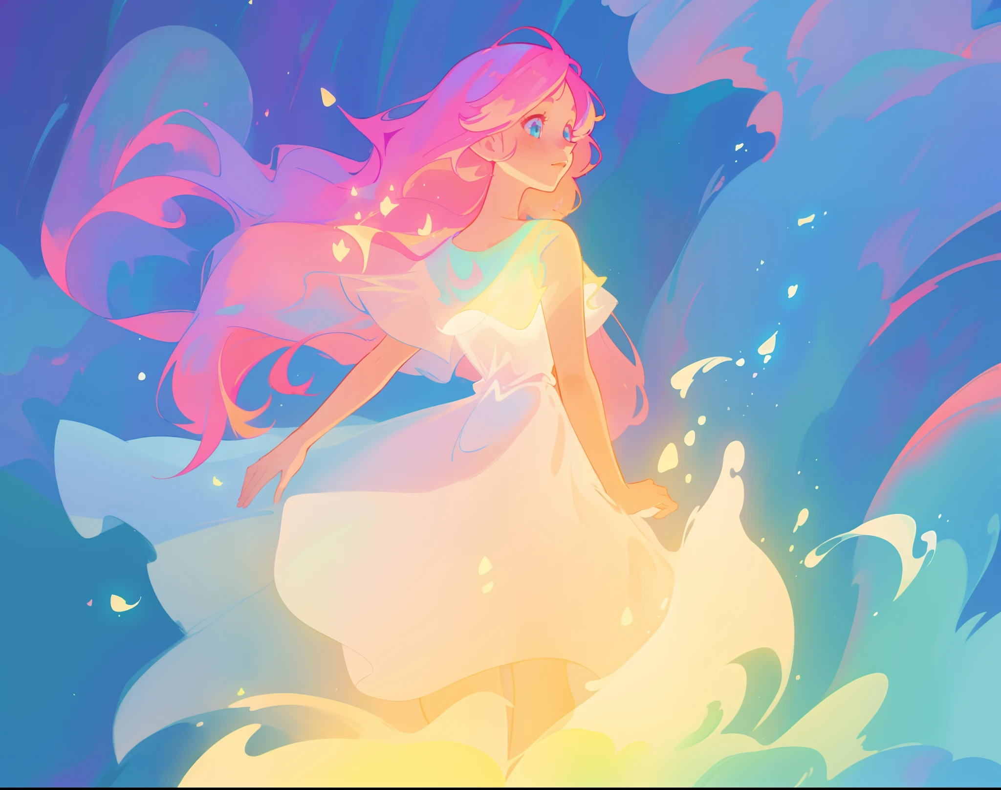 beautiful girl in flowing white dress, vibrant pastel colors, (colorful), magical lights, long flowing colorful pink hair, otherworldly aqua and blue otherworldly landscape background, inspired by Glen Keane, inspired by Lois van Baarle, disney art style, by Lois van Baarle, glowing aura around her, by Glen Keane, jen bartel, glowing lights! digital painting, flowing glowing hair, glowing flowing hair, beautiful digital illustration, fantasia background, whimsical, magical, fantasy, beautiful face, ((masterpiece, best quality)), intricate details, highly detailed, sharp focus, 8k resolution, sparkling detailed eyes, liquid watercolor