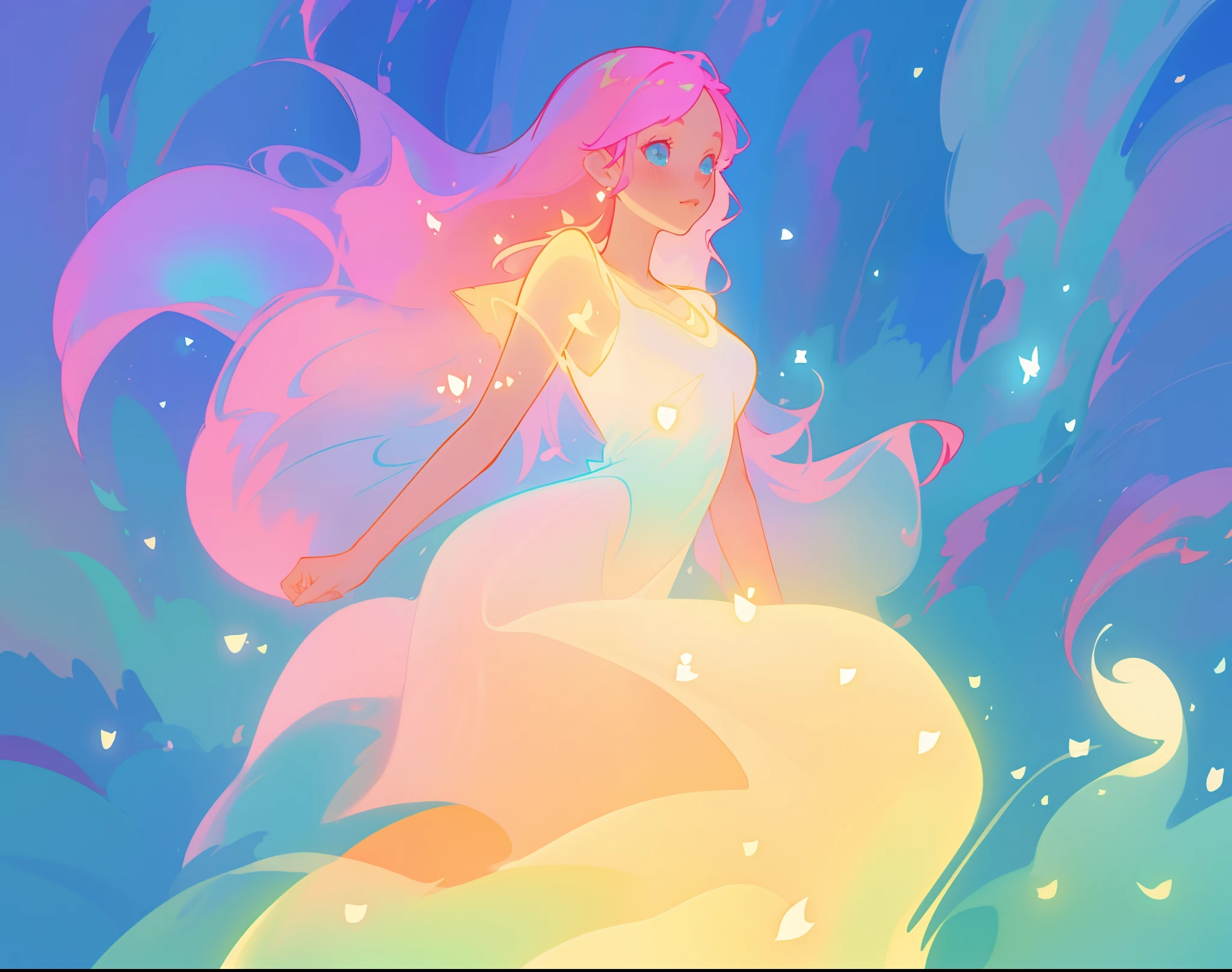 beautiful girl in flowing white dress, vibrant pastel colors, (colorful), magical lights, long flowing colorful pink hair, otherworldly aqua and blue otherworldly landscape background, inspired by Glen Keane, inspired by Lois van Baarle, disney art style, by Lois van Baarle, glowing aura around her, by Glen Keane, jen bartel, glowing lights! digital painting, flowing glowing hair, glowing flowing hair, beautiful digital illustration, fantasia background, whimsical, magical, fantasy, beautiful face, ((masterpiece, best quality)), intricate details, highly detailed, sharp focus, 8k resolution, sparkling detailed eyes, liquid watercolor
