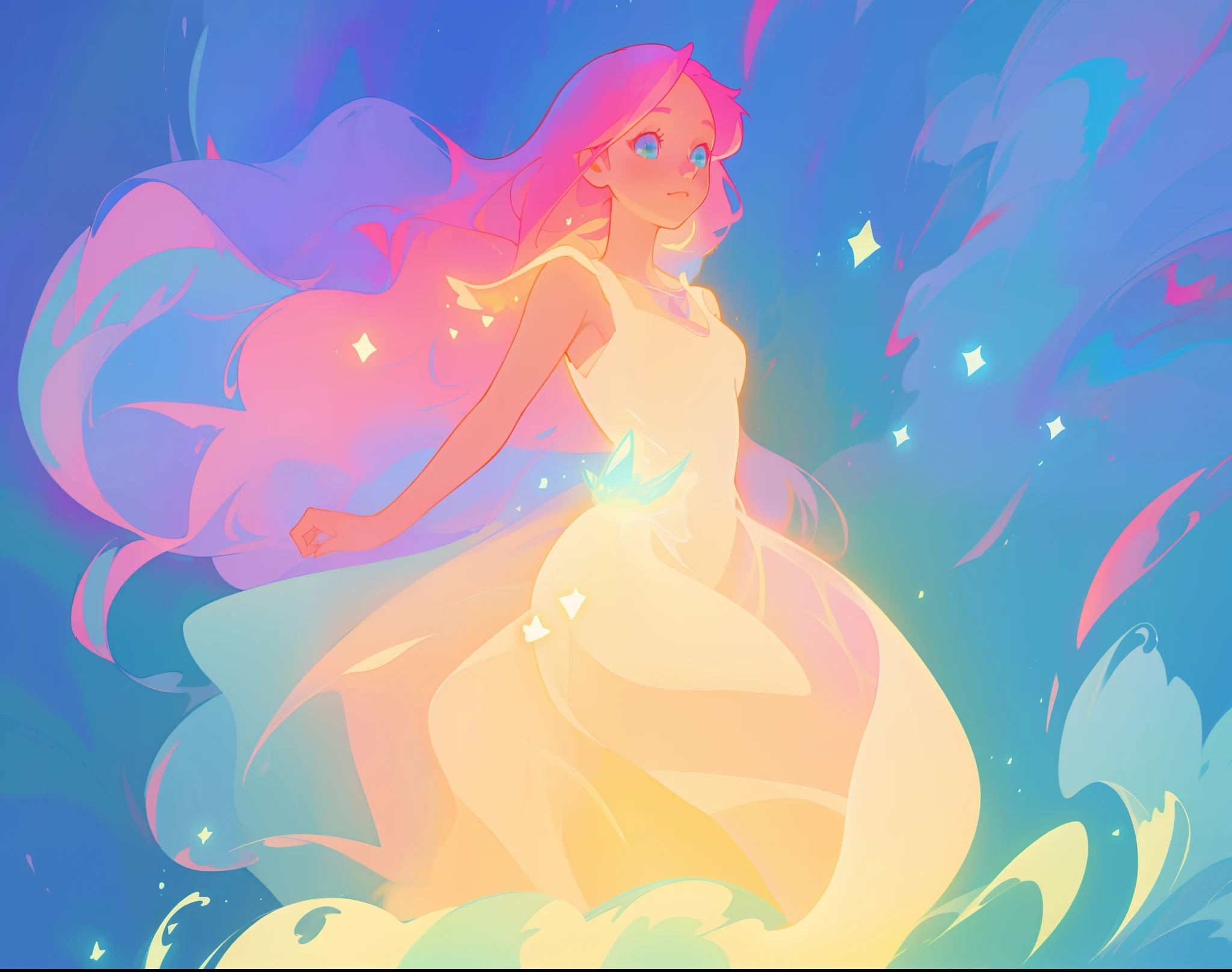 beautiful girl in flowing white dress, vibrant pastel colors, (colorful), magical lights, long flowing colorful pink hair, otherworldly aqua and blue otherworldly landscape background, inspired by Glen Keane, inspired by Lois van Baarle, disney art style, by Lois van Baarle, glowing aura around her, by Glen Keane, jen bartel, glowing lights! digital painting, flowing glowing hair, glowing flowing hair, beautiful digital illustration, fantasia background, whimsical, magical, fantasy, beautiful face, ((masterpiece, best quality)), intricate details, highly detailed, sharp focus, 8k resolution, sparkling detailed eyes, liquid watercolor