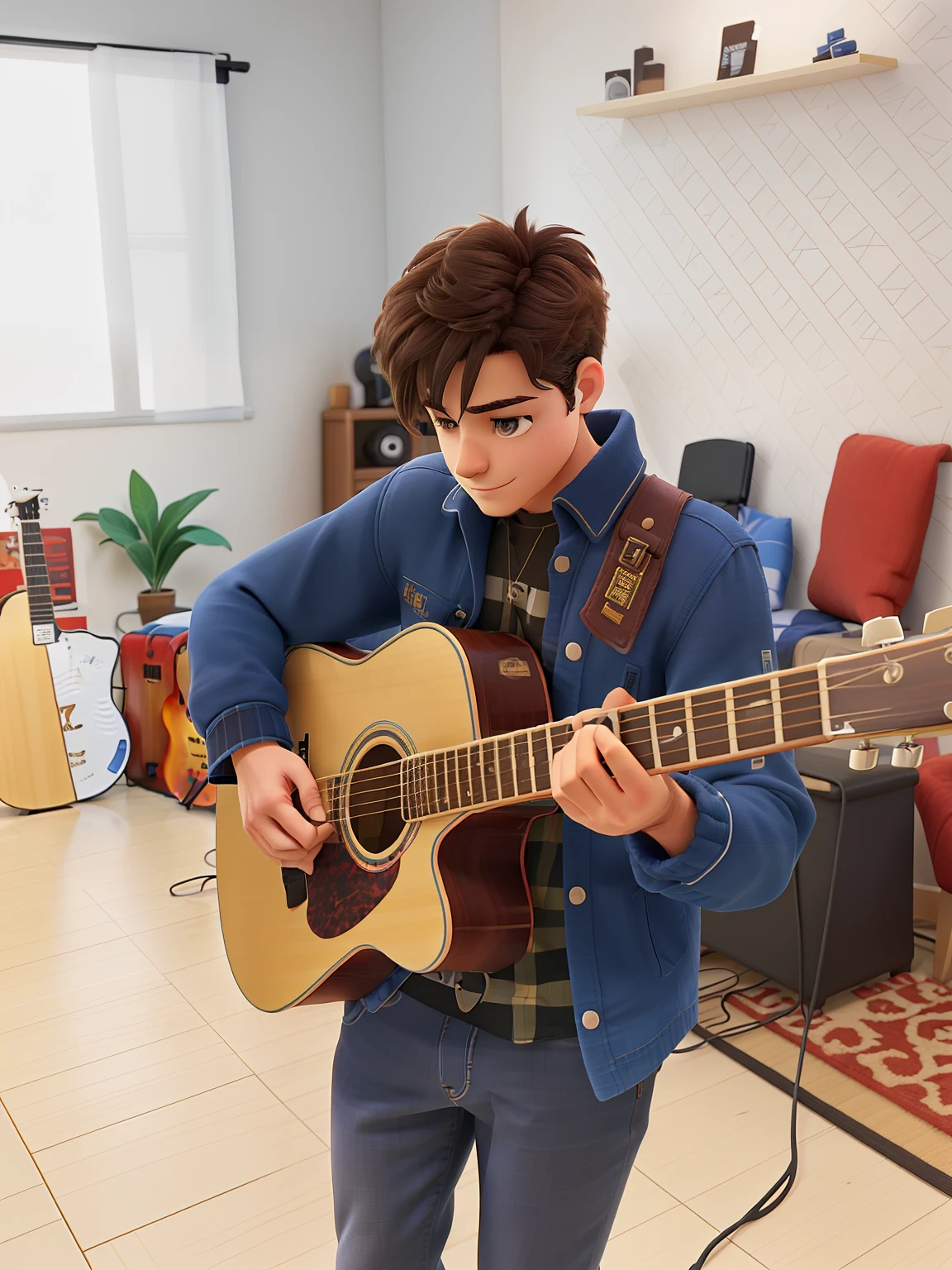 there is a man who is playing the guitar in a room, playing the guitar, playing a guitar, playing the guitar, guitar solo, holding a guitar, man playing the guitar, music being played,
