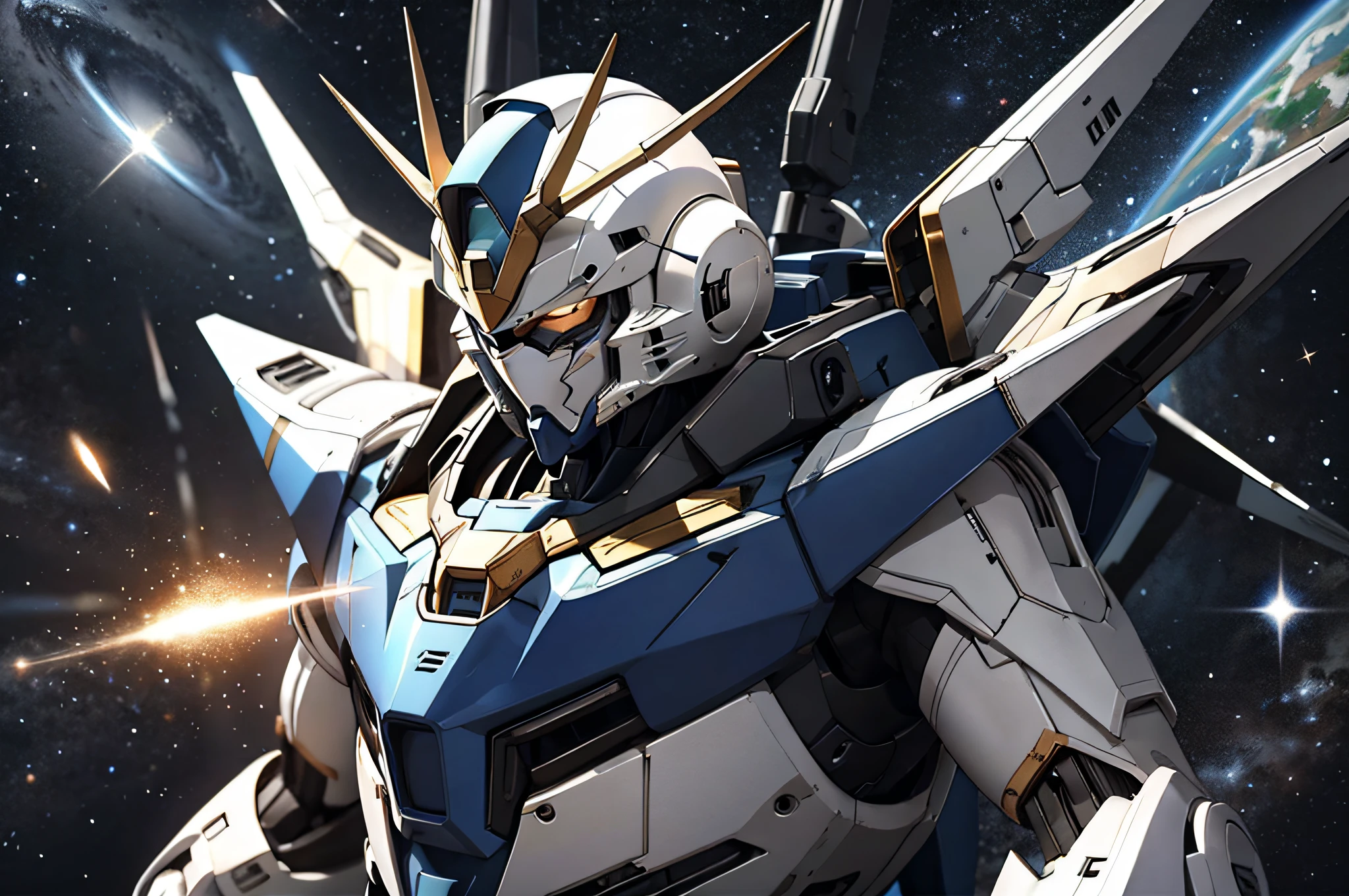 Mobile Suit Gundam with a blue and white body、Fly in outer space。Earth with stars on background、