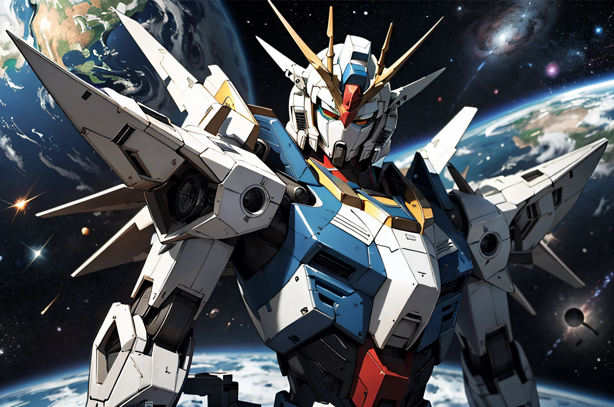 Mobile Suit Gundam with a blue and white body、Fly in outer space。Earth with stars on background、