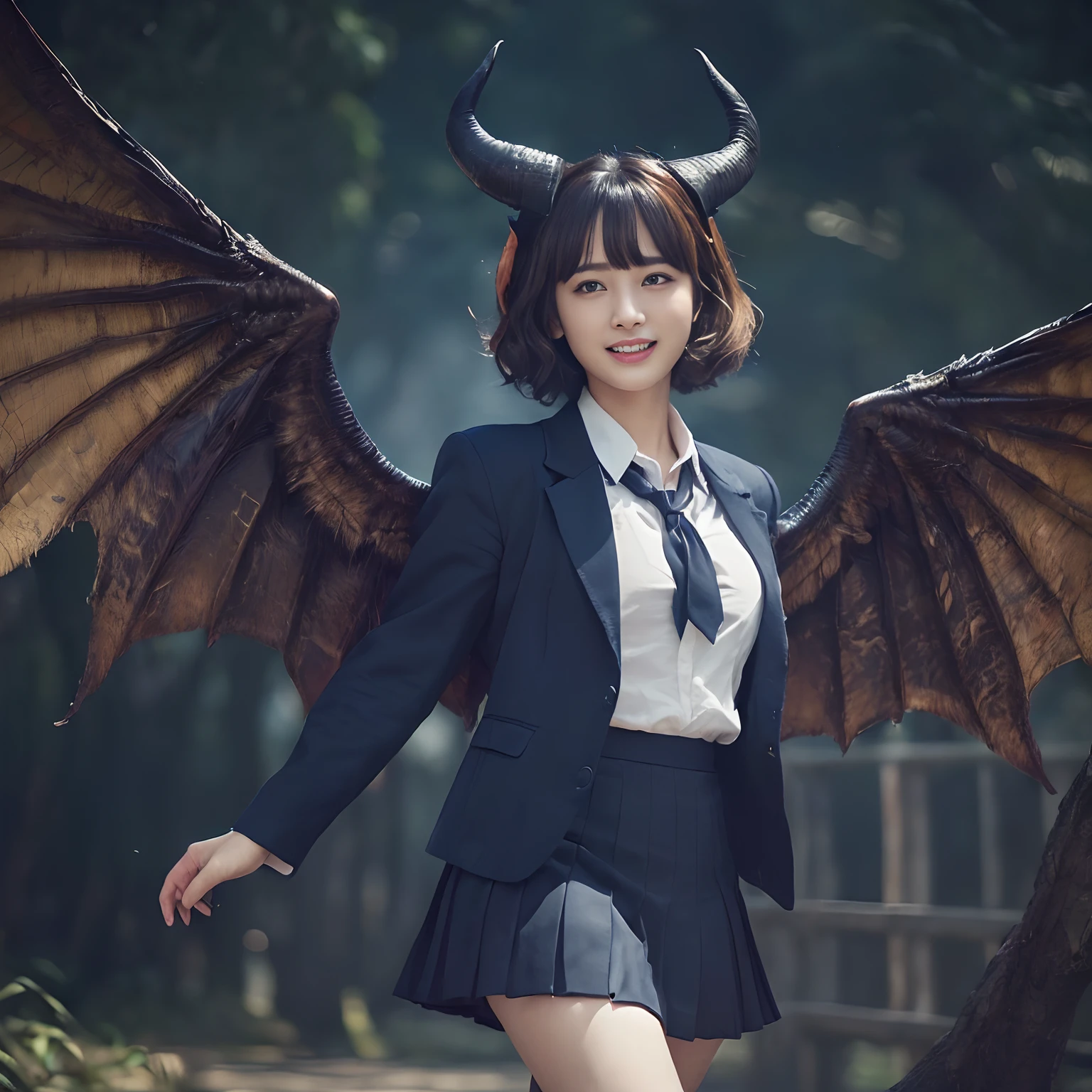 (((masutepiece、top-quality)))((1 girl、Navy Blazer、Navy skirt、School Navy Blazers、Navy Blazer Uniform、Navy Blazer for Uniform、Blazer on shirt、White shirt and navy blazer、Dark blue pleated skirt))、((Huge and intricate demon wings,Wings with a very elaborate texture,Wings with a very complex texture,Creature wings with a very realistic texture,Wings with the most exquisite texture、Perfectly reproduces the texture of creepy feathers、Very flaky and detailed wing texture、Wings of a terrifying monster,Terrible and ugly wings、The most terrifying wings、Wings with unimaginably complex textures、The most terrifying and creepy wings、Huge, Lumpy devil's horns、Corners of the most complex textures、Photorealistic Devil's Wings、Photorealistic Devil's Horns、The most terrifying devil's wings、Unimaginably terrifying wings、Big Devil's Horn,Realistic and big horns,Very complex and terrifying demon horns、Creepy horns,Horn with a very elaborate texture、Terrible and ugly horns、((The background is the route to school、Walking along the school route surrounded by nature、Walking on the way to school))、8K,An ultra-high picture quality,The most beautiful idol faces,Mature Face、The biggest smile staring at the camera、美丽的面容、Beautiful teeth、natural make up、Natural bright lighting、short-hair、waved hair、Super Detail Wing、Classy wavy hair、spectacular movie lighting、A slender、bulky, Complex wings