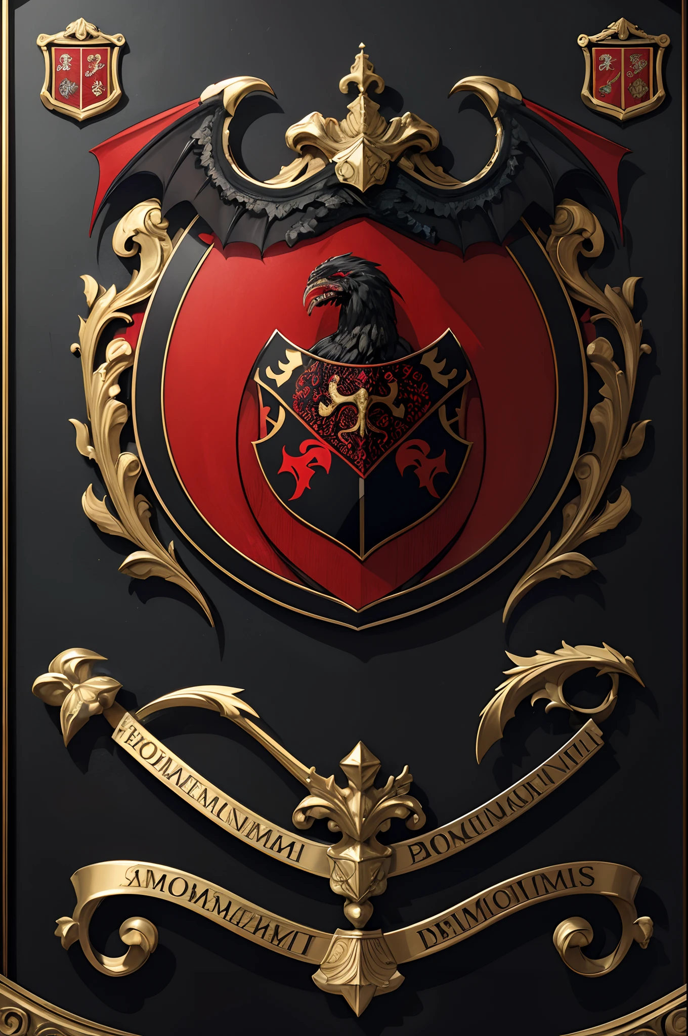 a symbol, emblema, Coat of arms representing darkness, dark, vermelho e preto, bem detalhado, bem feito e bem elaborado, bonito, representa os bruxo, representando os vampiros.