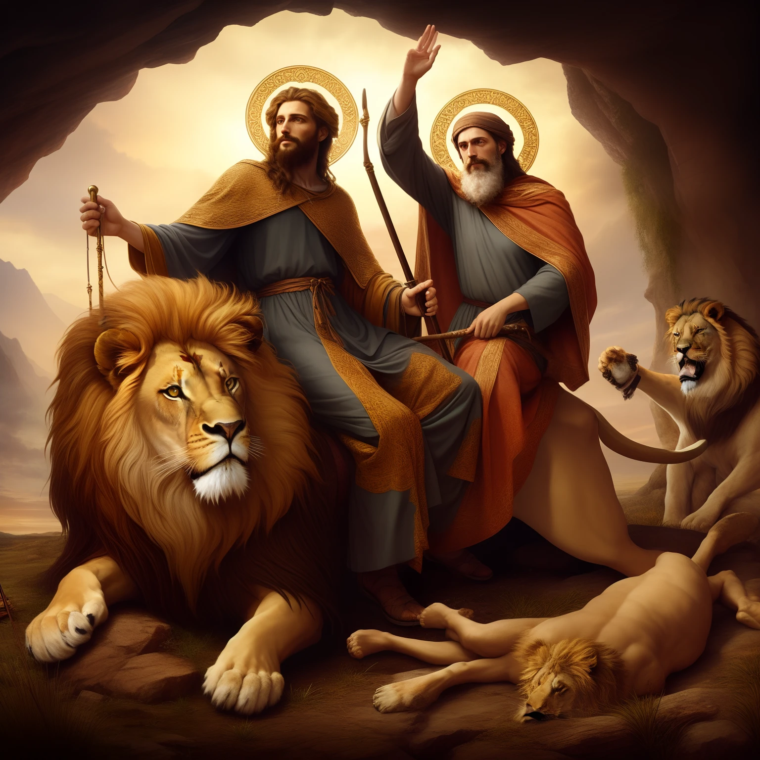 Jesus and the lion are sitting on a rock with a staff, Petros e Leonid, lions, epic biblical representation, the man riding is on the lion, Directed by: Aleksander Gierymski, Directed by: Serhii Vasylkivsky, orthodox saint christopher, biblical art style, Directed by: Derek Zabrocki, divino e estoico, on an epic oroboros