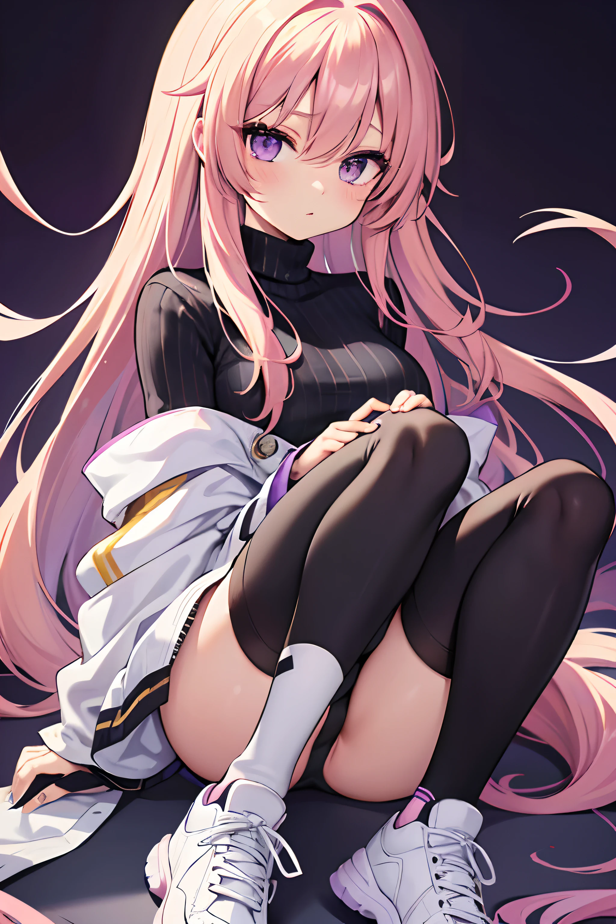 An anime girl with two eyes (one purple and one golden), golden hair with purple ombre tips on the strands, a black turtleneck, and white sneakers.