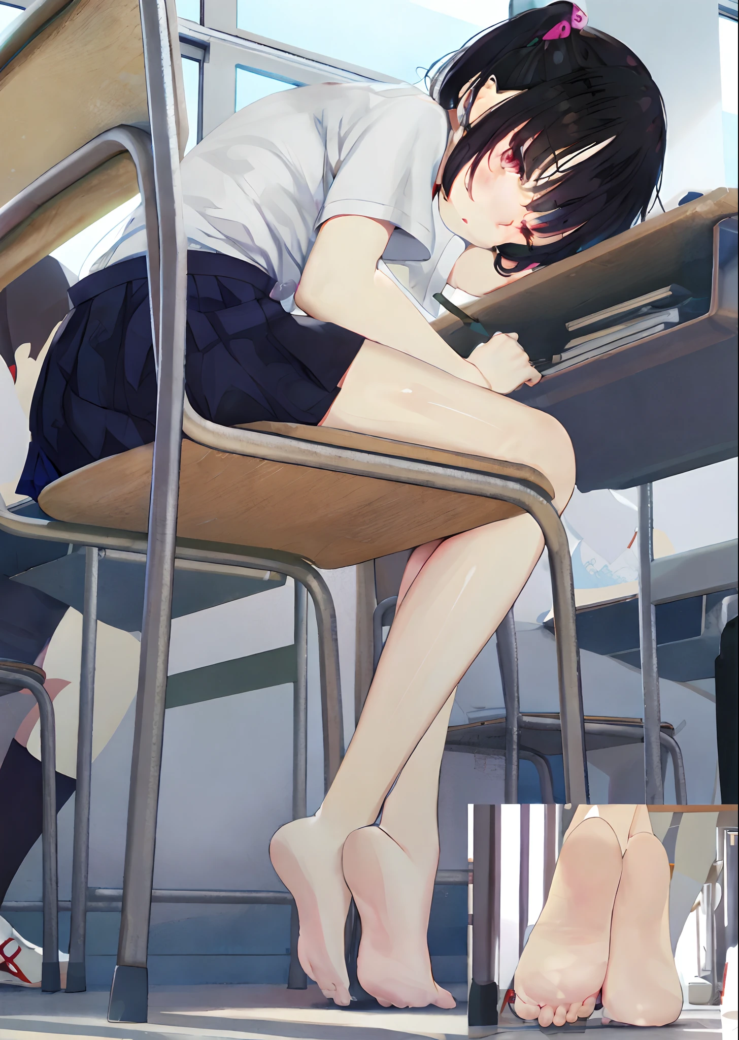 Anime girl sitting in chair，Legs crossed, Smooth feet,Anime CG art, Surrealism female students, Surrealism female students, Guviz, Guweiz in Pixiv ArtStation, detailed shot legs-up, Ilya Kuvshinov. 4 k'', Guweiz on ArtStation Pixiv, Realistic schoolgirl, the anime girl is crouching