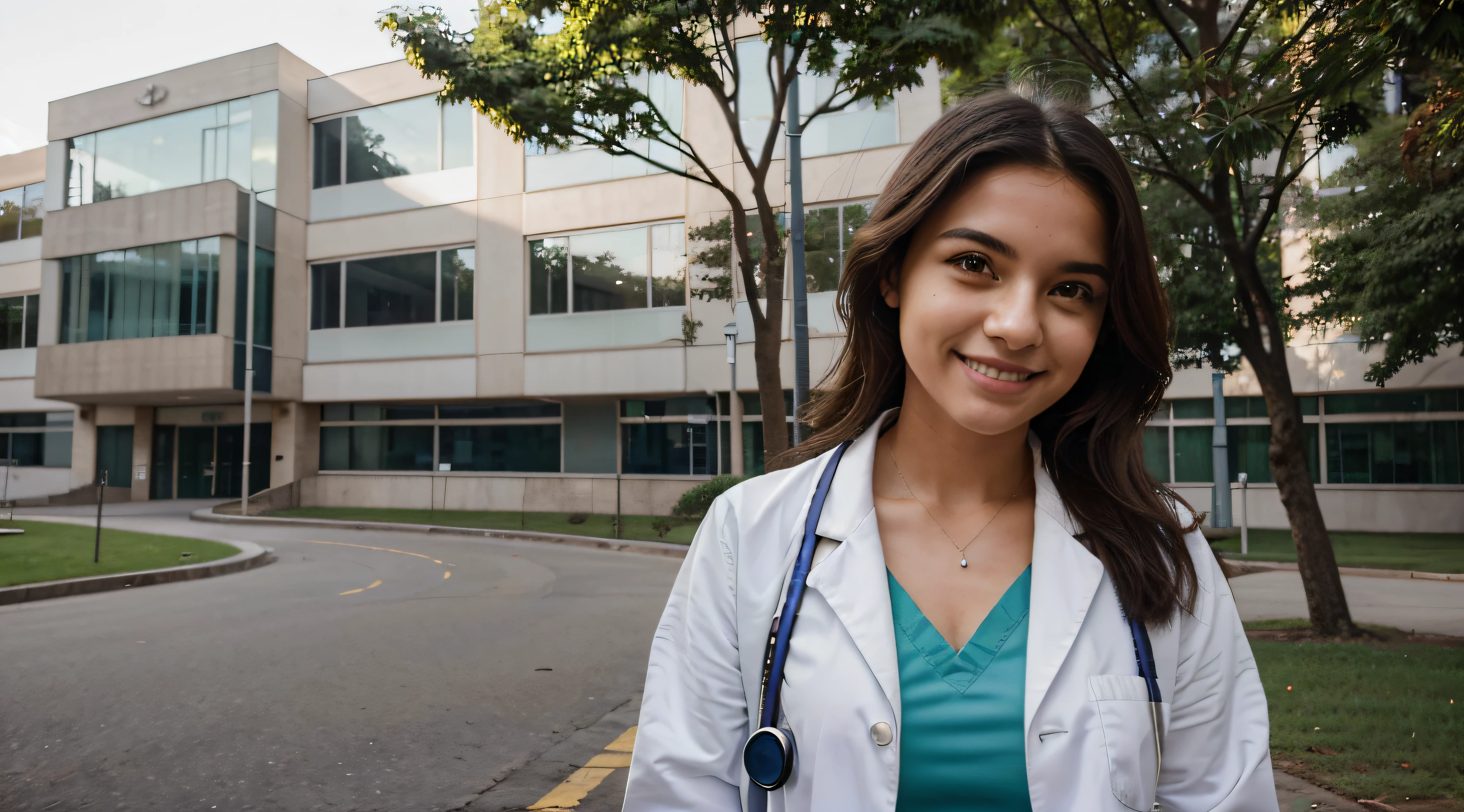 Gerar uma imagem de uma estudante de medicina brasileira caminhando pelo campus limpo e moderno da faculdade de medicina da universidade. She's wearing a white coat over her medical scrubs, Carrying a stethoscope around your neck, e tem um brilho, sorriso confiante no rosto. the sun is shining, Creating a pleasant and welcoming environment on campus. The buildings and surroundings are immaculate;, with a sense of order and organization befitting a prestigious medical institution. Capture o senso de otimismo e profissionalismo enquanto ela percorre o campus.