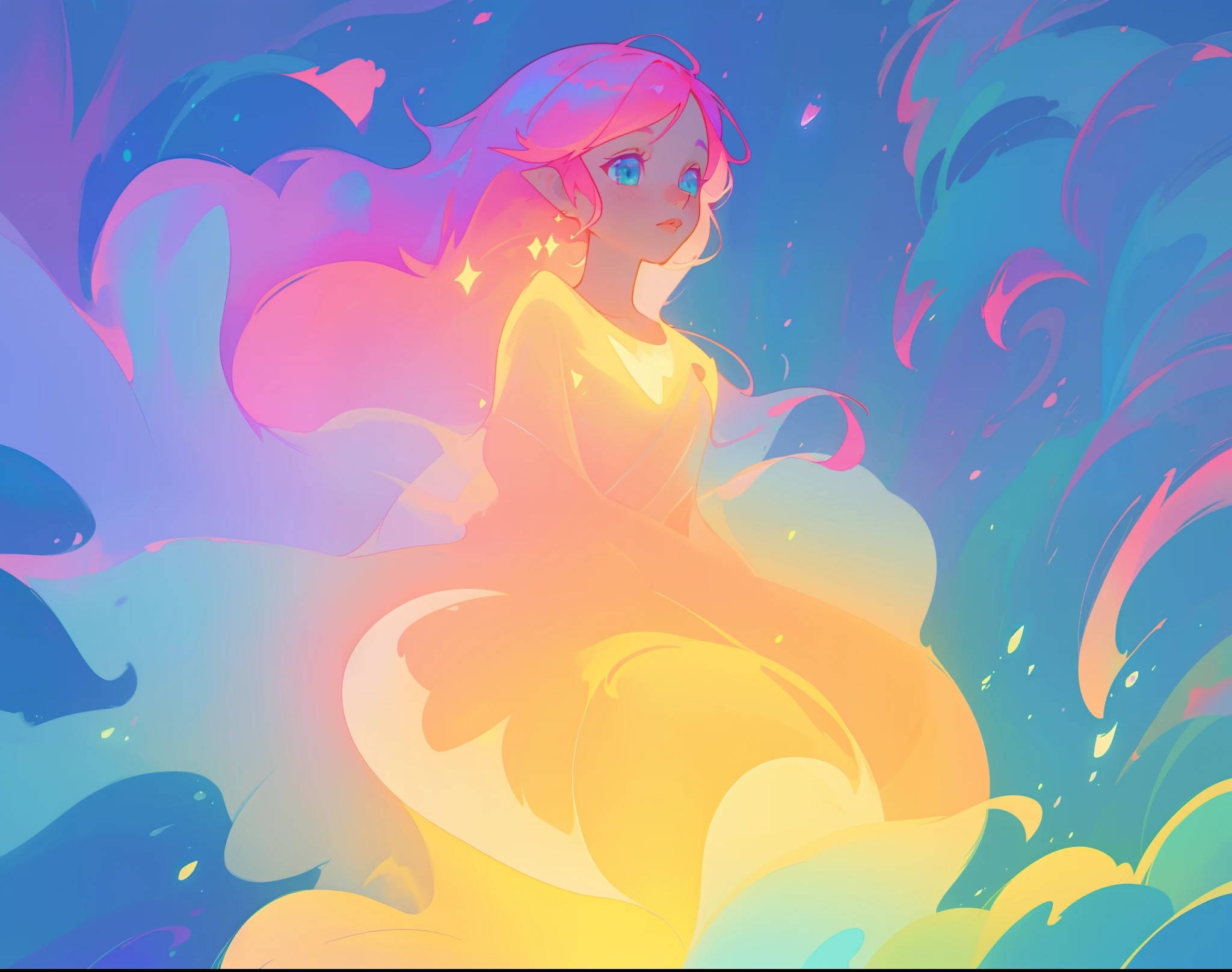 beautiful girl in flowing puffy dress, vibrant pastel colors, (colorful), magical lights, long flowing colorful pink hair, otherworldly aqua and blue otherworldly landscape background, inspired by Glen Keane, inspired by Lois van Baarle, disney art style, by Lois van Baarle, glowing aura around her, by Glen Keane, jen bartel, glowing lights! digital painting, flowing glowing hair, glowing flowing hair, beautiful digital illustration, fantasia background, whimsical, magical, fantasy, beautiful face, ((masterpiece, best quality)), intricate details, highly detailed, sharp focus, 8k resolution, sparkling detailed eyes, liquid watercolor