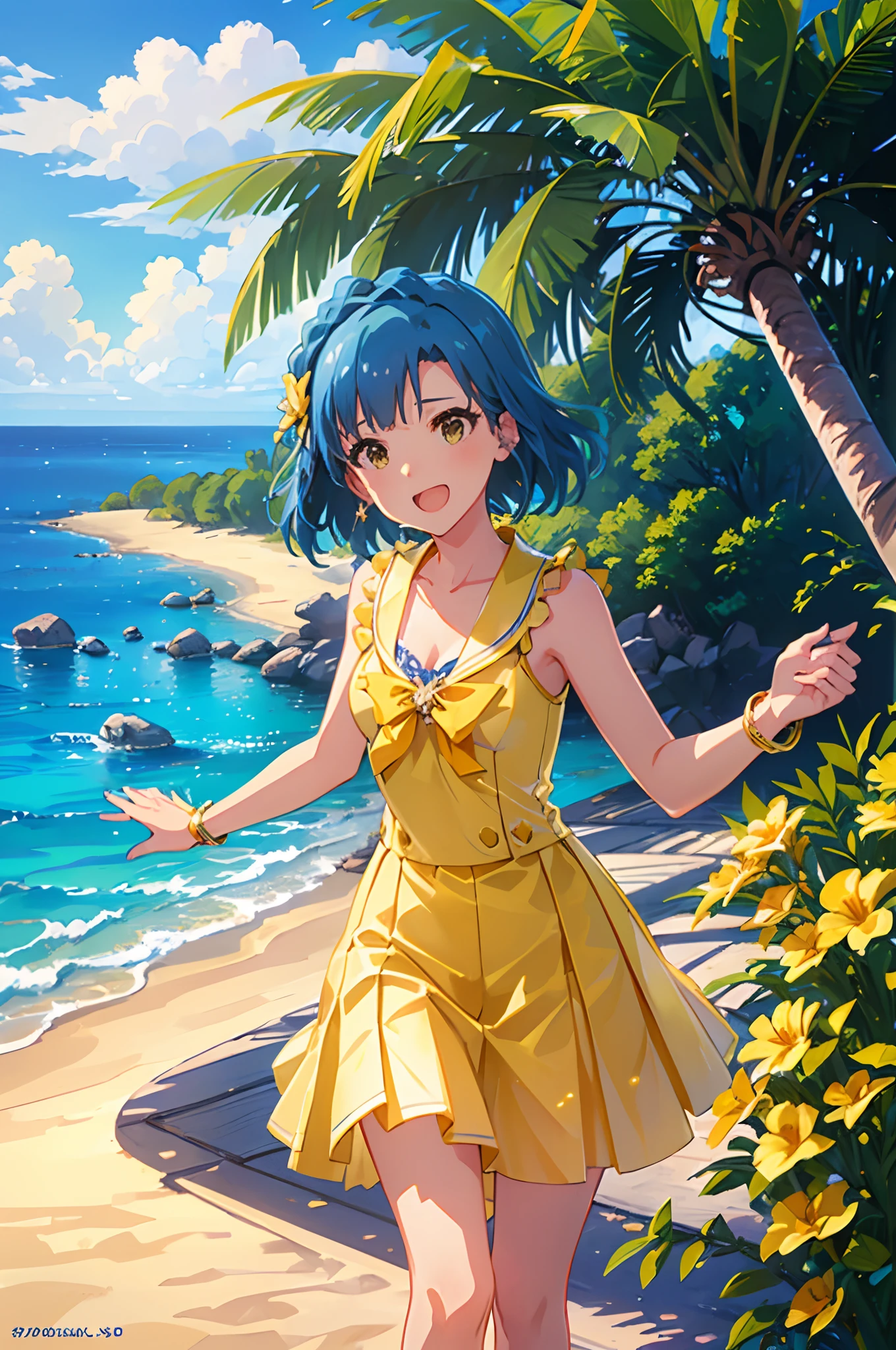 yuriko nanao (million live), 1 girl, Solo, Cute Girl, Best Quality, Ultra-detailed, 8K, High resolution, Detailed face, Cinematic Angle, Bob Hair, Smile, :D, Opened mouth, idol costume, (((Sailor Color Dress, sleeveless, pleated dress, white dress, yellow wrist cuff))), (((outdoor, shining sky, Summer, Beach, Resort, palm tree,)))