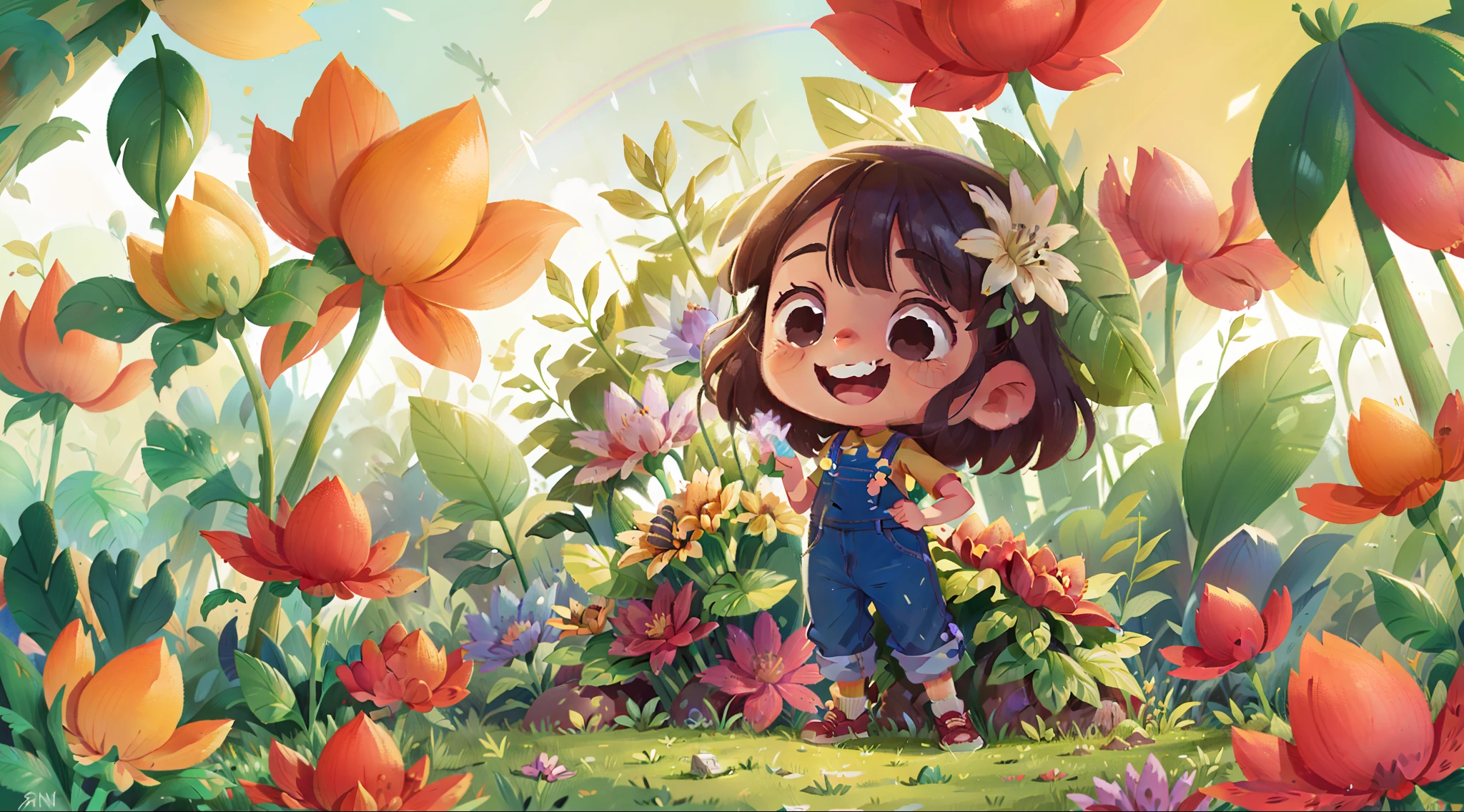 Put her in a garden of tall rainbow flowers all around her. The girl is standing proud on a pile of money with her hands on her hips and a giant smile