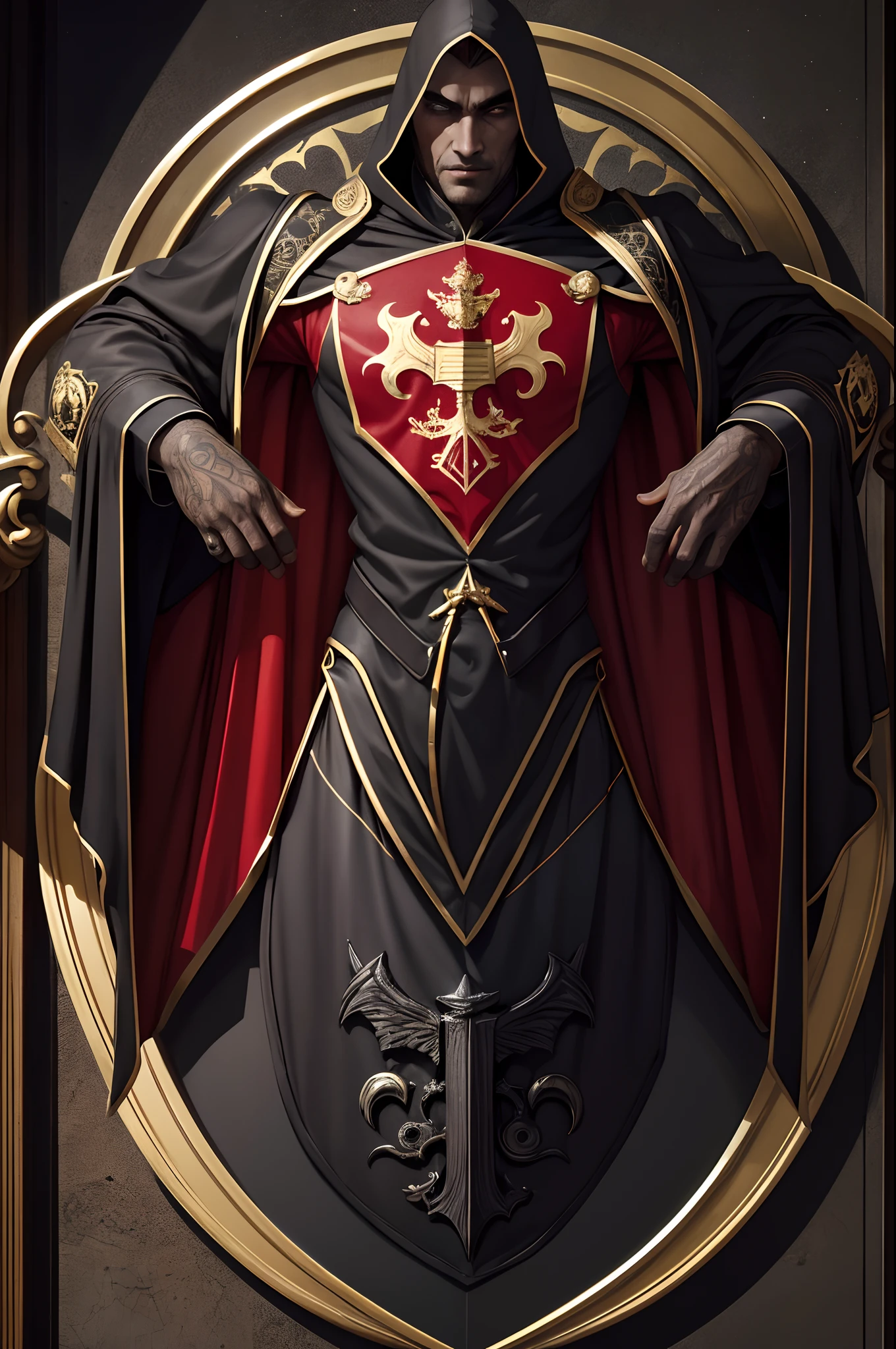 a symbol, emblema, Coat of arms representing darkness, dark, vermelho e preto, bem detalhado, bem feito e bem elaborado, bonito, representa os bruxo, representando os vampiros.
