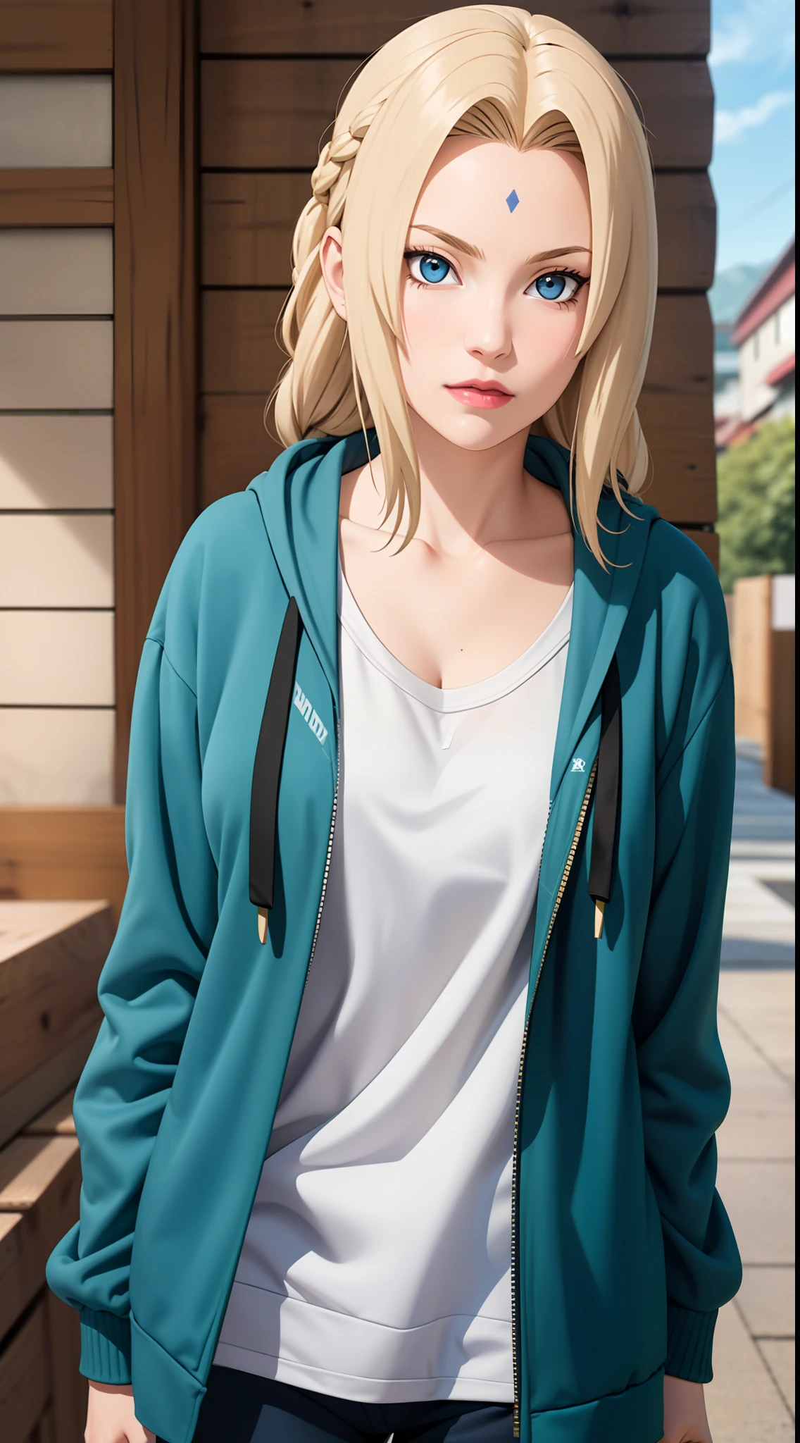 masterpiece, best quality, ultra-detailed, 1girl, upper body, 
long hair, blonde hair, french braid, blue eyes, blunt bangs, 
Wearing Streetwear Hoodie, stylish,
medium breast, cool attitude 
looking at viewer, Tsunade \(shippuden\)