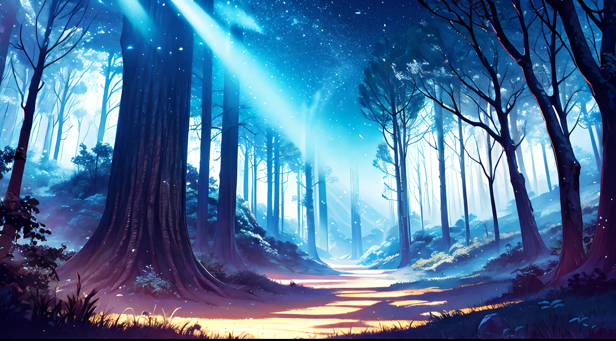 Background (anime style) magical forest, main color: light blue