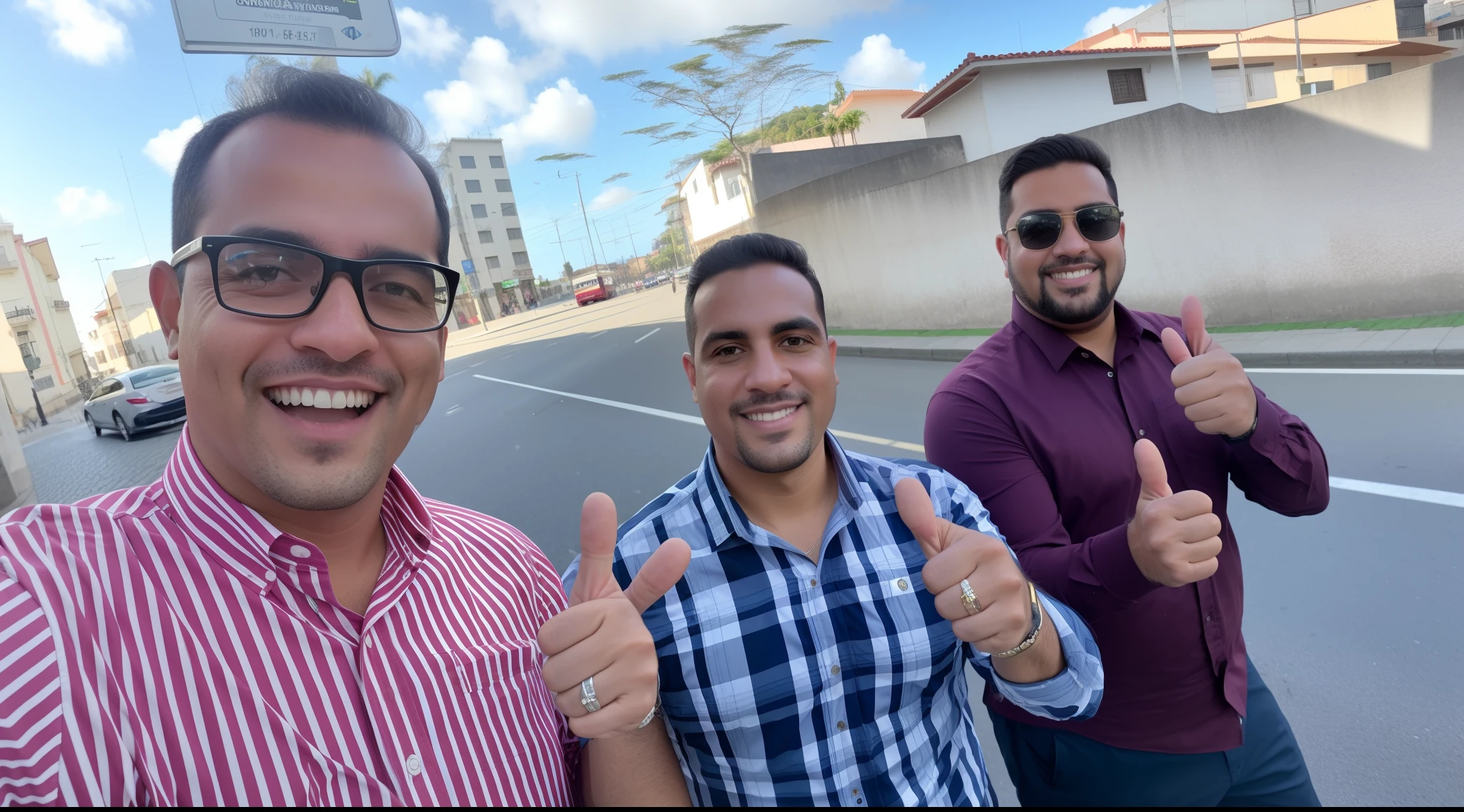 There's two men standing in the street doing a thumbs up, na rua, Tiro em GoPro9, Foto realista, Capturado no iPhone, Fotografia tirada em 2 0 2 0, por Veno Pilon, tirado no iphone 1 3 pro, Paulo Pepera Pablo Roldan, foto de rua, em uma rua, no meio da rua