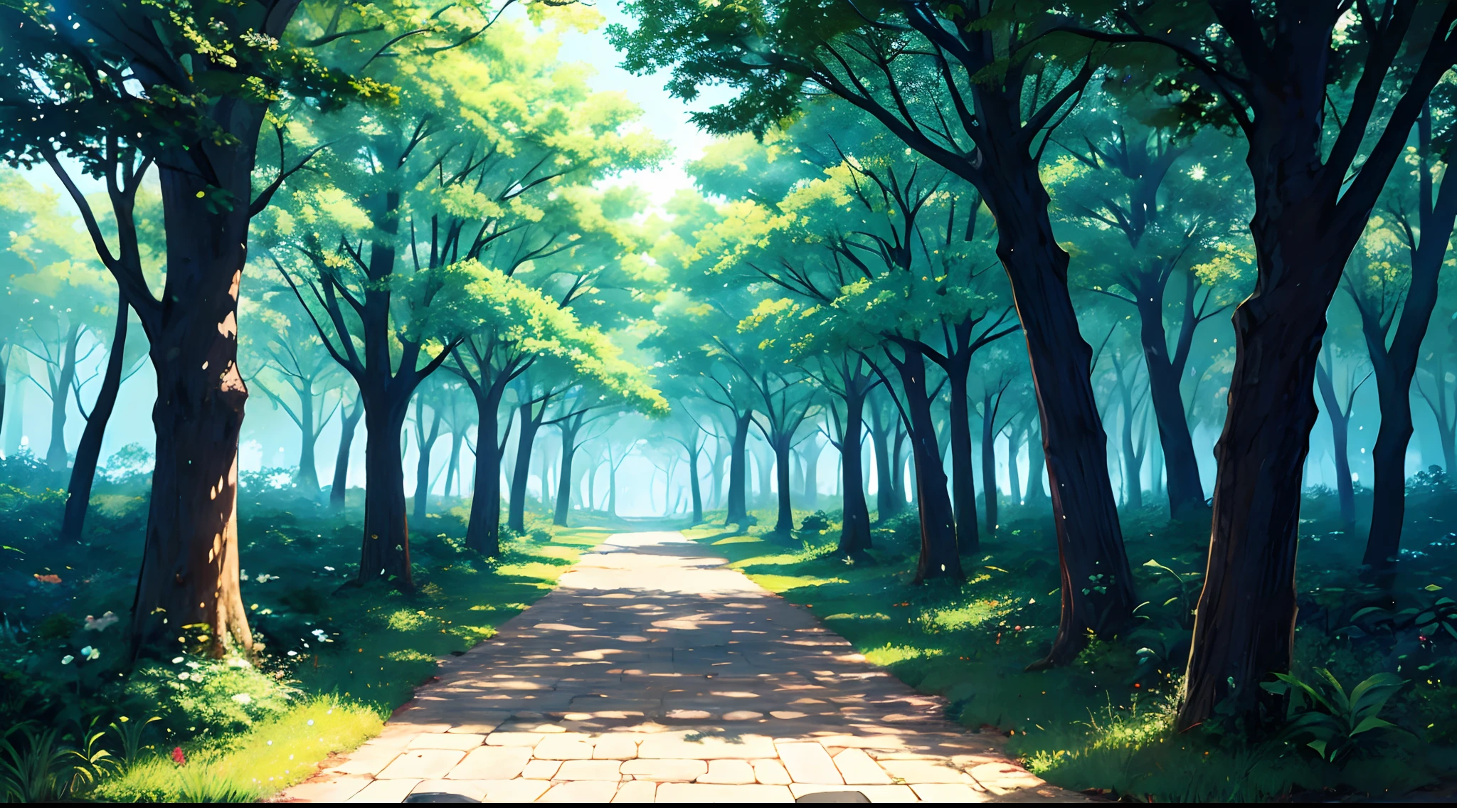 Background (anime style) magical forest, main color: light blue