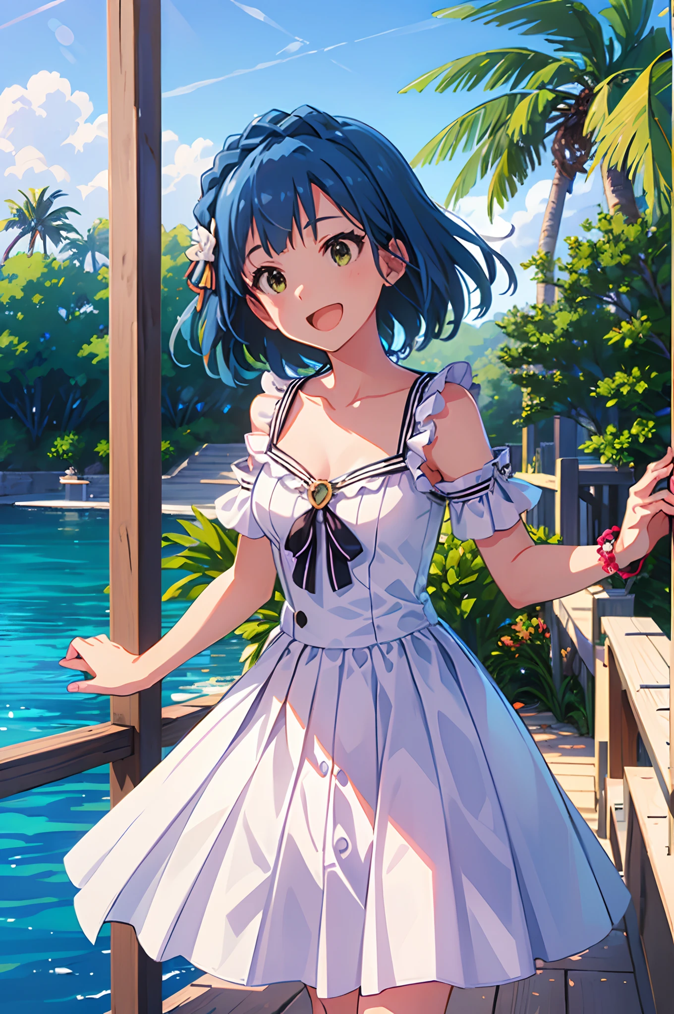yuriko nanao (million live), 1 girl, Solo, Cute Girl, Best Quality, Ultra-detailed, 8K, High resolution, Detailed face, Cinematic Angle, Bob Hair, Smile, :D, Opened mouth, idol costume, (((Sailor Color Dress, sleeveless, pleated dress, white dress, wrist cuff))), (((outdoor, shining sky, Summer, Beach, Resort, palm tree,)))