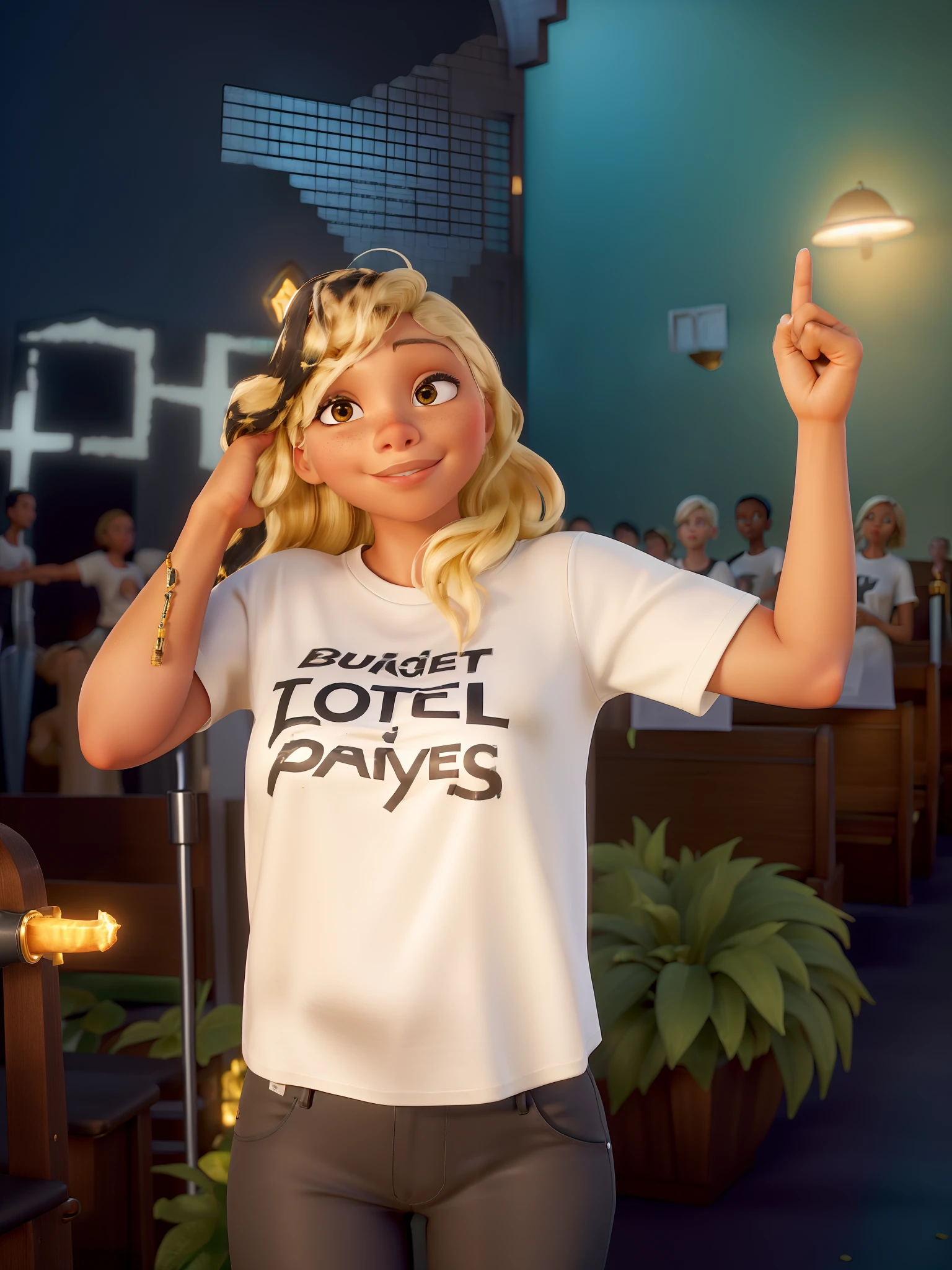 (“high resolution, best quality, photorealistic: 1.2), mixed-race woman with blonde hair, wearing black pants and a white T-shirt with black writing that says TOTAL PRAYER, standing inside a church, portraits, vivid colors, golden lights, soft lighting, audience watching…”