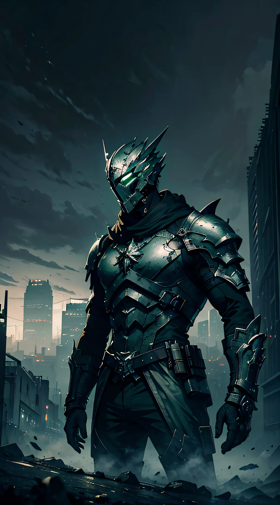 ((Masterpiece, Highest quality, detailed landscape)), (white stone full mask), Dark dystopian art, hopeless gloomy green steel lights, dark urban cityscape, high buildings, gloomy sky, dark sky, dystopian, dystopic military atmosphere