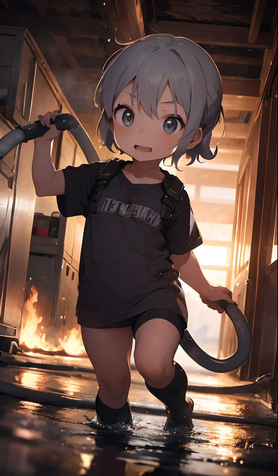 Perfect picture,firefighter,{toppless},the fire,Girl holding the hose of a water cannon tightly,4K picture quality, Cinematic,,{6 years old child},{small body and chest,,,,}, Gray hair,cute little, Charismatic,Fighting Fire