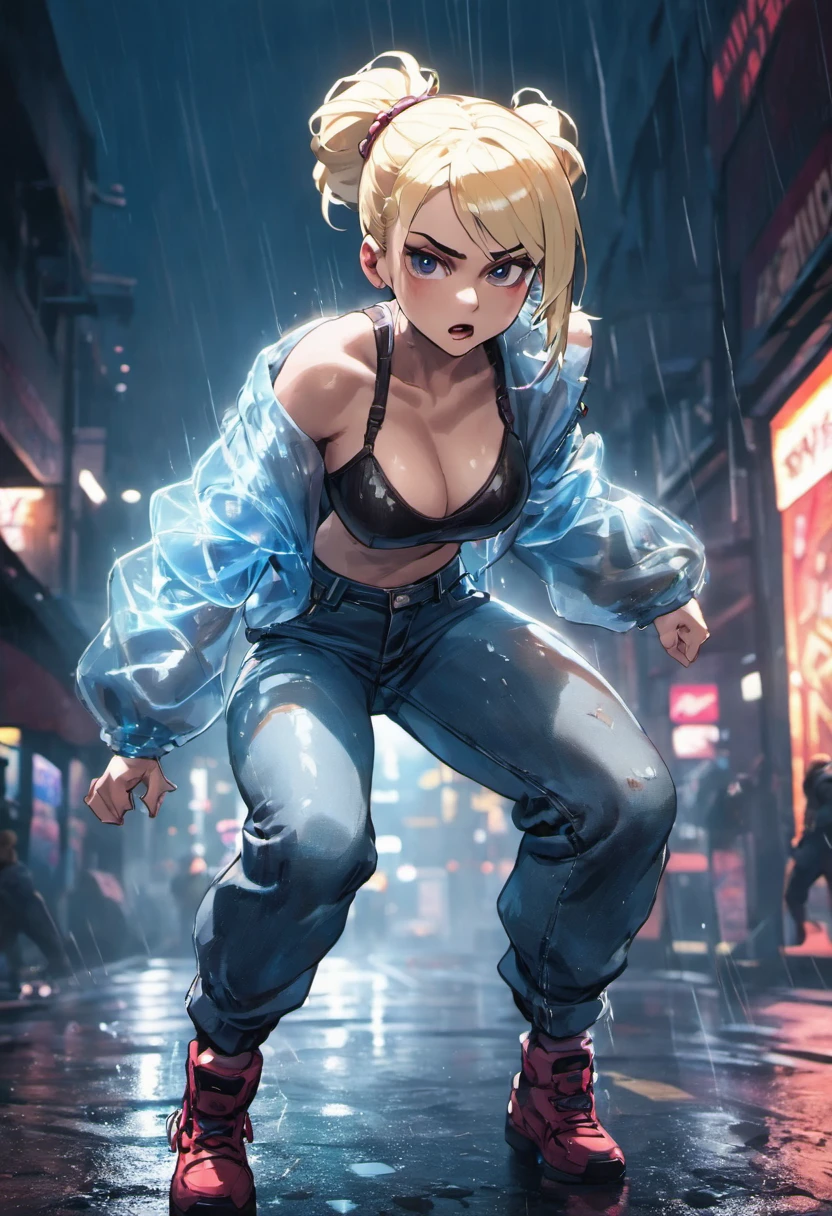 Close-up photos, Confident young cyberpunk woman with blonde and white hair in a bun, Wearing transparent jeans and jeans, On a rainy street at night, Photorealistic, Cinematic lighting