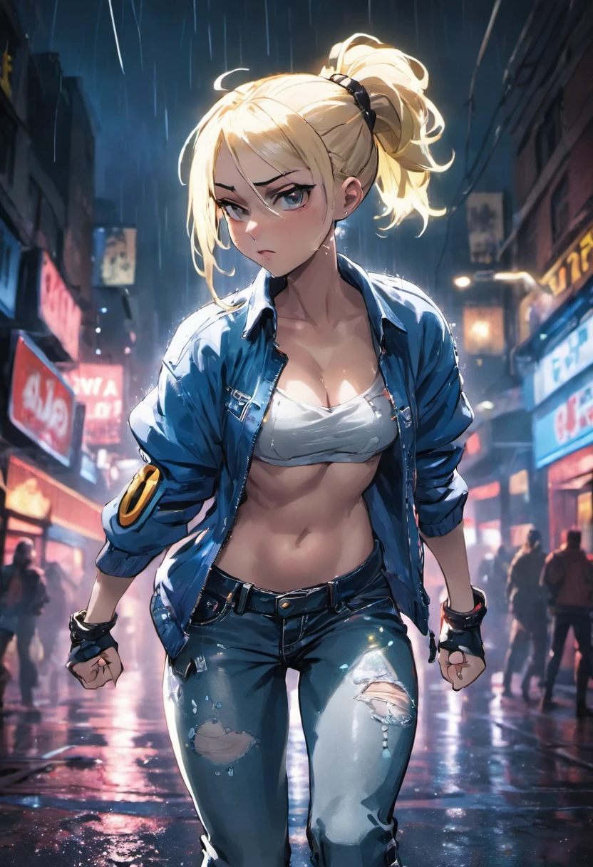 Close-up photos, Confident young cyberpunk woman with blonde and white hair in a bun, Wearing transparent jeans and jeans, On a rainy street at night, Photorealistic, Cinematic lighting