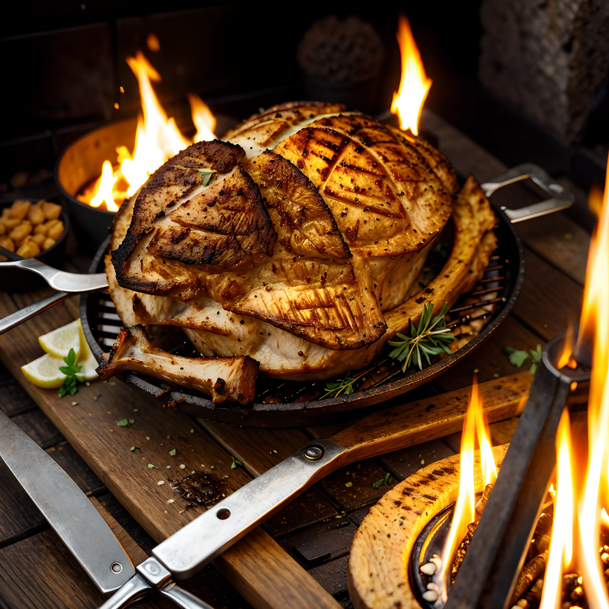 A close-up shot of a delicious pieces of roasted lamb on a iron skewer. On a metal skewer there are several pieces of roasted lamb. The meat is cooked to perfection, lamb roasted and slightly scorched. vibrant and appetizing display. Campfire resting on the side. Steam smoke coming out of cooked meat. The scene is set in a clearing nature environment, wood fire on, with blurred background elements that suggest a warm, everyday setting. The lighting should be natural and soft, highlighting the appetizing qualities of the roasted pork shank and the cozy atmosphere of the setting, detailed professional photography and light, close-up, eye level, still life