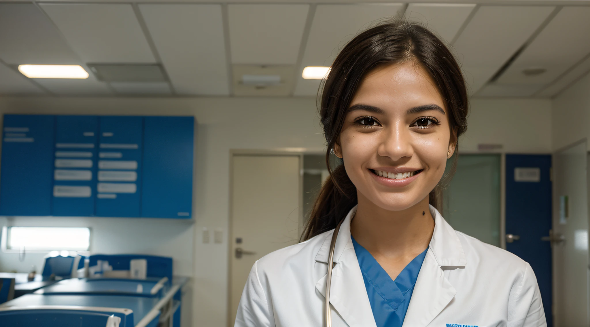 Generate an image focusing solely on the face of a Brazilian female medical student. She has a bright, confident smile on her face, radiating optimism and professionalism. Her expression exudes the determination and excitement of a medical student. The background showcases a clean and modern environment, typical of a prestigious medical institution, with an atmosphere that is welcoming and pleasant