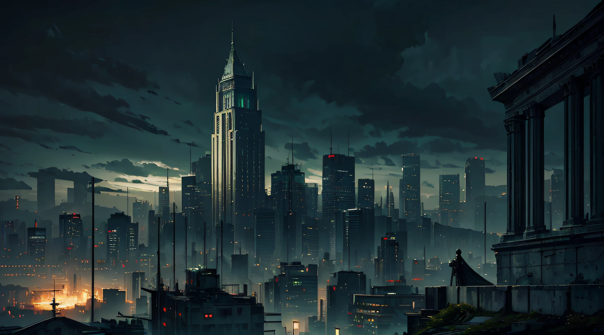 ((Masterpiece, Highest quality, detailed landscape)), (white stone full mask), Dark dystopian art, hopeless gloomy green steel lights, dark urban cityscape, high buildings, gloomy sky, dark sky, dystopian, dystopic military atmosphere