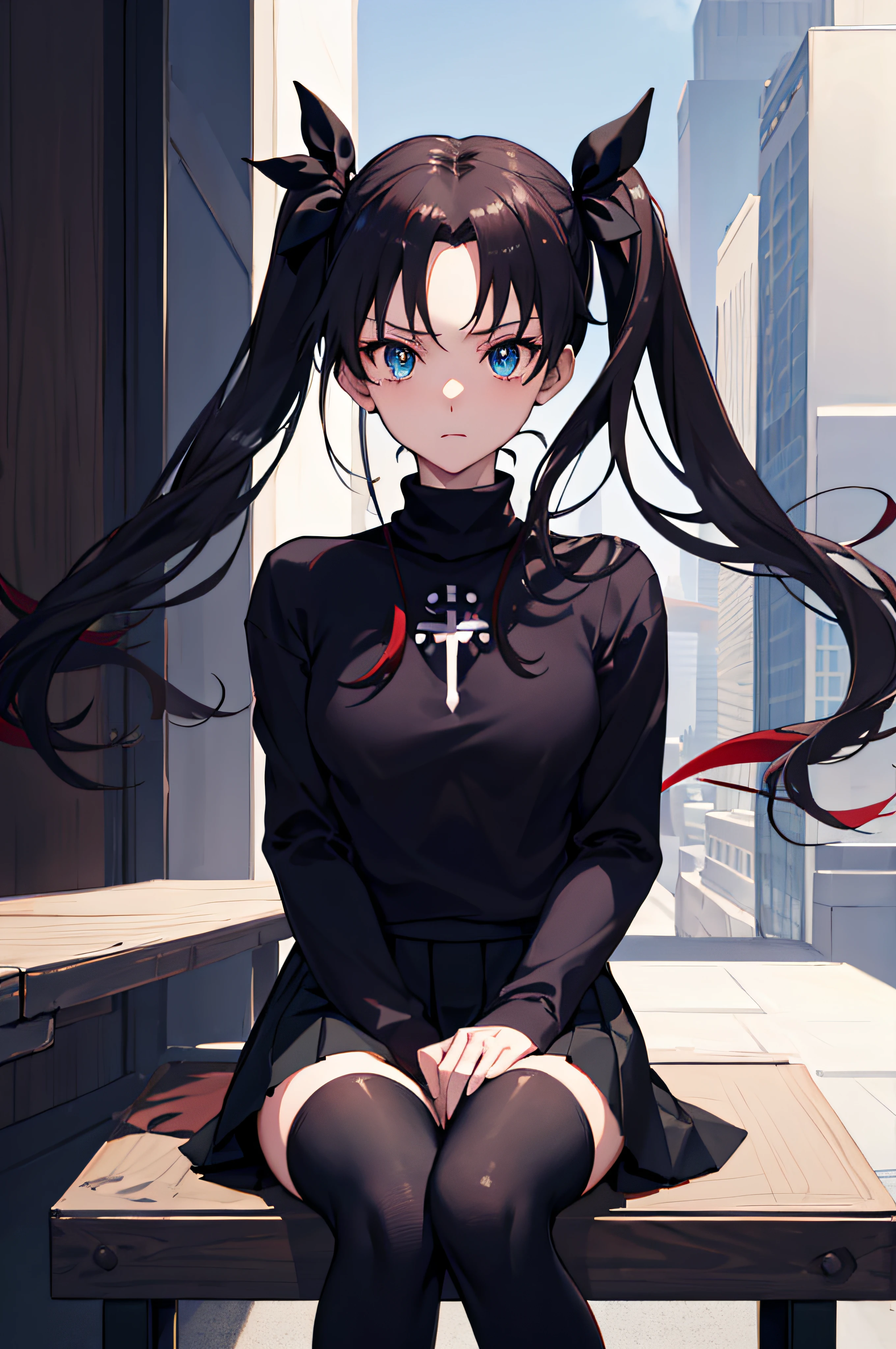 (masterpiece), best quality, expressive eyes, perfect face, 1girl, solo, rintohsaka, rin tohsaka, aqua eyes, black hair, hair ribbon, long hair, ribbon, sidelocks, two side up, black skirt, black thighhighs, long sleeves, miniskirt, pleated skirt, ((red sweater)), skirt, sweater, thighhighs, turtleneck, city background, sitting, character sheet, upper body, portrait, looking at viewer