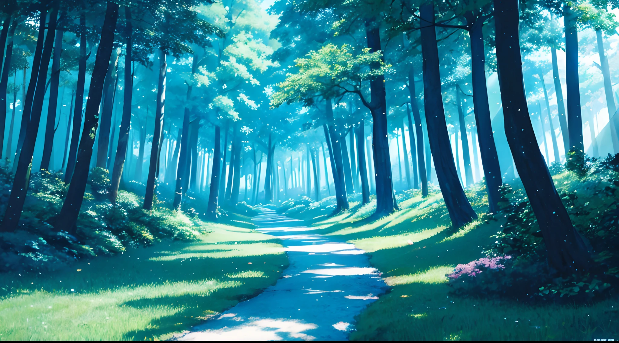 Background (anime style) magical forest, main color: light blue