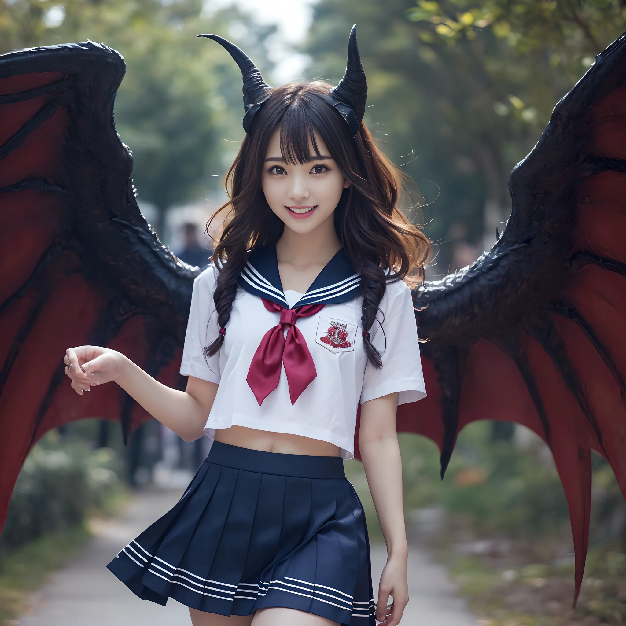 (((masutepiece、top-quality)))((1 schoolgirl、Wearing a sailor suit、School Sailor Uniform、Perfect sailor suit、Red ribbons、Navy skirt))、((Huge and intricate demon wings,Wings with a very elaborate texture,Wings with a very complex texture,Creature wings with a very realistic texture,Wings with the most exquisite texture、Perfectly reproduces the texture of creepy feathers、Very flaky and detailed wing texture、Wings of a terrifying monster,Terrible and ugly wings、The most terrifying wings、Wings with unimaginably complex textures、The most terrifying and creepy wings、Huge, Lumpy devil's horns、Corners of the most complex textures、Photorealistic Devil's Wings、Photorealistic Devil's Horns、The most terrifying devil's wings、Unimaginably terrifying wings、Big Devil's Horn,Realistic and big horns,Very complex and terrifying demon horns、Creepy horns,Horn with a very elaborate texture、Terrible and ugly horns、((The background is the route to school、Walking along the school route surrounded by nature、Walking on the way to school))、8K,An ultra-high picture quality,The most beautiful idol faces,Mature Face、The biggest smile staring at the camera、美丽的面容、Beautiful teeth、natural make up、Natural bright lighting、long、waved hair、Super Detail Wing、Classy wavy hair、spectacular movie lighting、A slender、Emphasis on chest bulge、bulky, Complex wings