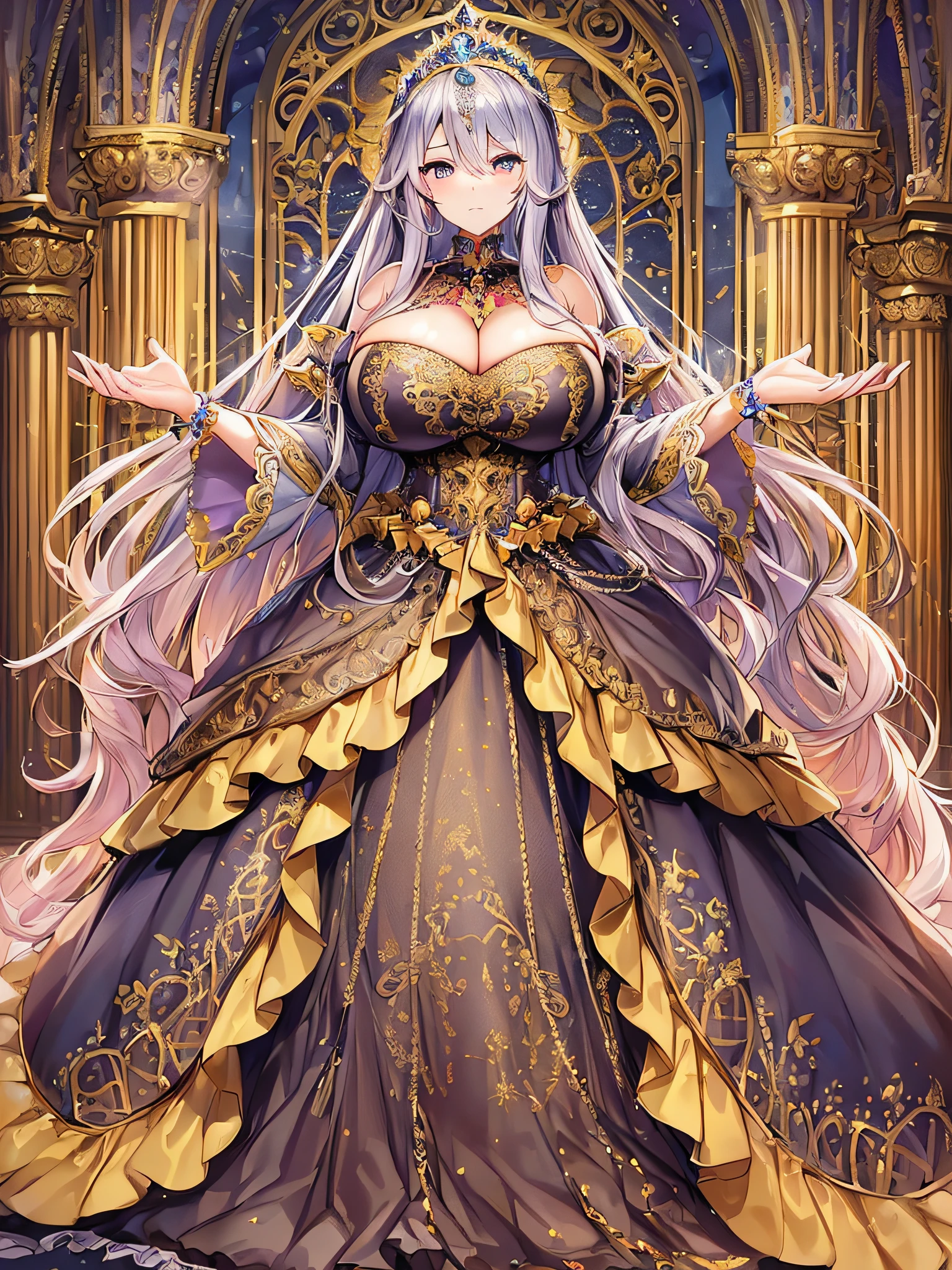 anime artstyle,Masterpiece,(Best Quality), (Super Detail),(Very Delicate and Beautiful),(Solo),((full body portrait)),full body,full body portrait,(detailed face and eyes),jewel-like beautiful eyes,((1 princess in a beautiful embroidery and jeweled rococo princess ballgown with voluminous full length hoop skirt)),((fantasy castle,outdoors,outside the castle)),((Crinoline,Long Train)),super detailed gorgeous princess ballgown with voluminous full length hoop skirt,jeweled Gorgeous rococo princess ballgown with long train,jeweled Gorgeous rococo princess ballgown with long train,gorgeous rococo princess ballgown with beautiful embroidery and jeweled,((large amount of straight hair,extremely voluminous Very Long Hair,Absolutely Long Straight Hair)),(((very gigantic boobs,Long boobs,cleavage))),long_gloves,extremely gorgeousfull hair ornament,bling-bling extremely gorgeousfull jeweled tiara,luxurious jewelry,full body portrait