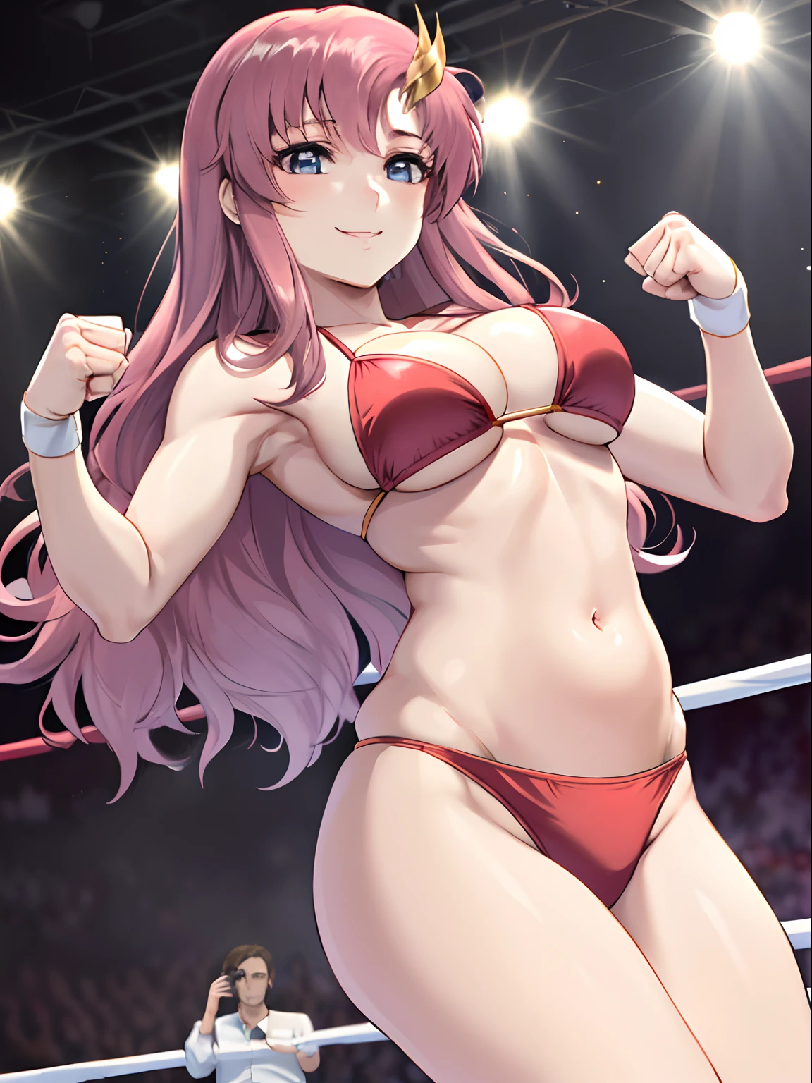 Clouds, Outdoor, fighter, hot flame theme, (masterpiece, , 4K, Best Quality, Anime style: 1.9,, Adult Woman, ultra detailed face, (cloud background, wrestling), Drawing lines, high resolution, Anime, lacus4), 1girl, Solo, curvy figure, very Long hair, 鎖骨, scapular, (Detailed wide hair bangs, Hair Ornament, Detailed reddish-pink hair, golden crest), cleavage, large hands, (female wrestler). (Big blue eyes, shiny eyes), ((female wrestler, thick arms, slender body, broad shoulders, closed fists)), ((perfect proportions, medium breasts, long belly)), (((red micro bikini, red shorts, red wrestling gear, champion))), happy, smile, , (belly dancing, looking at the viewer), , showing off underarm, (elegant lady)