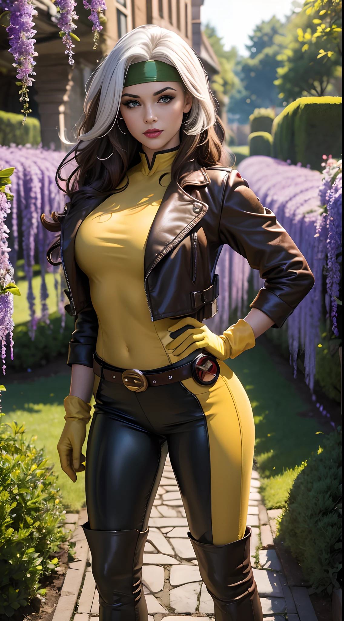 (masterpiece:1.0), (best_quality:1.2), Classic Rogue, 1991 Rogue X-Men, 1girl, Only, full body view, facing the viewer, hand on hips, legs parted, confident stance, proud stance, medium length hair, brown hair, wavy hair, messy hair, one lock of white hair, green headband, green eyes, mischievous look, parted lips, curvy figure, large breasts, lipstick, makeup, brown leather jacket, gloves, loose belt, brown skin-tight miniskirt, open jacket, brown ankle boots, Looking at the Viewer, sunlight, sunrays, light source from the side, (realism: 1.5), (Realistic: 1.4), (Absurdity:1.4), 8k, ultra-detailed, Detailed Beautiful Woman, (only:1.4), 1girl, background of garden, stone walls and pathways, wisteria trees, outside of mansion, official art, extremely detailed CG unity 8k wallpaper, perfect lighting, Colorful, ultra high res, photography, 8K, HDR, Kodak portra 400, film grain, blurry background, (bokeh:1.2), lens flare, (vibrant_color:1.2), professional photograph