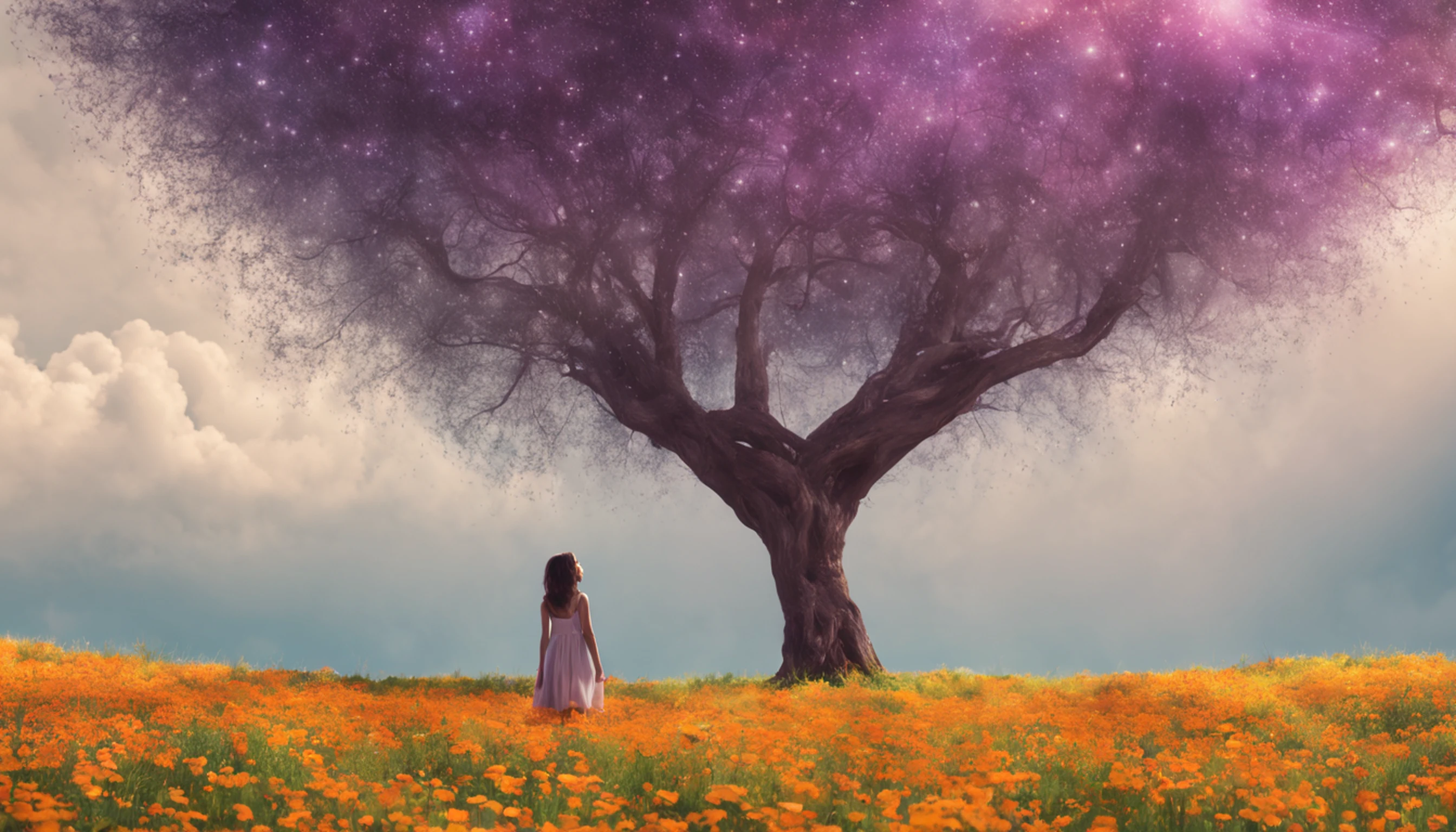 ((1girl em)), Vastas fotos de paisagem, (de baixo, Ar superior, Abrir campos abaixo), Boy standing in a field of flowers and looking up, (lua cheia: 1.2), (Meteoro: 0.9), (Nebulosas: 1.3), montanha ao longe, tree BREAK making art, (Fonte de Luz Quente: 1.2), (Pirilampo: 1.2), abajour, muito roxo e laranja, detalhes intrincados, volumetric lighting BREAK (masutepiece: 1.2), (melhor qualidade), 4k, ultra-detalhada, (dynamic compositions: 1.4), circunstanciado, colorido, (iridescente: 1.2), (brilhar, Atmospheric Illumination), sonhador, Fantastic, (sozinho: 1.2)