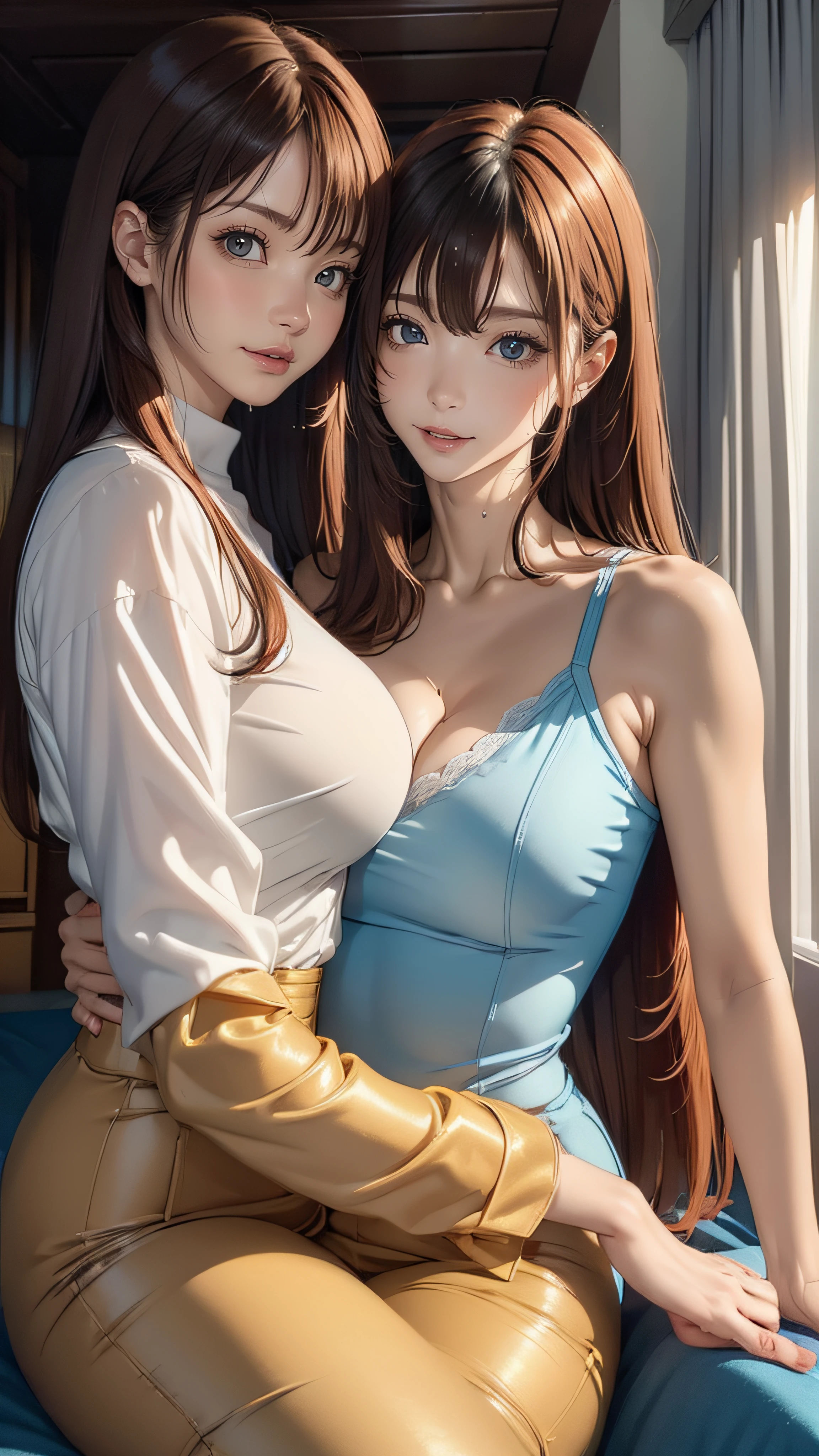 porn image,nsfw,(2girls),(lesbian sex),(yuri:1.5),(ultra detailed skin),curvy,petite,beautiful breasts,large breasts,pale skin,pointy breasts,erect nipples,(Hyperrealist,(8k),ultra-realistic,high detail,high resolution,best quality,masterpiece,Sense of presence,Dynamic,bold),(thin hair),(soft hair),(straight hair:1.5),Swept long bangs,extra light coppery amber hair,hair over one eye,(clothed:1.5)