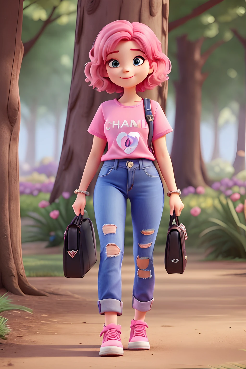 Woman, 25 years old, pink hair, Chanel short hair, works in marketing, pink and purple theme, Disney Pixar style. She is walking through a park full of trees and happy animals. wears long jeans and a pink t-shirt. She has an adult appearance, 165cm tall.