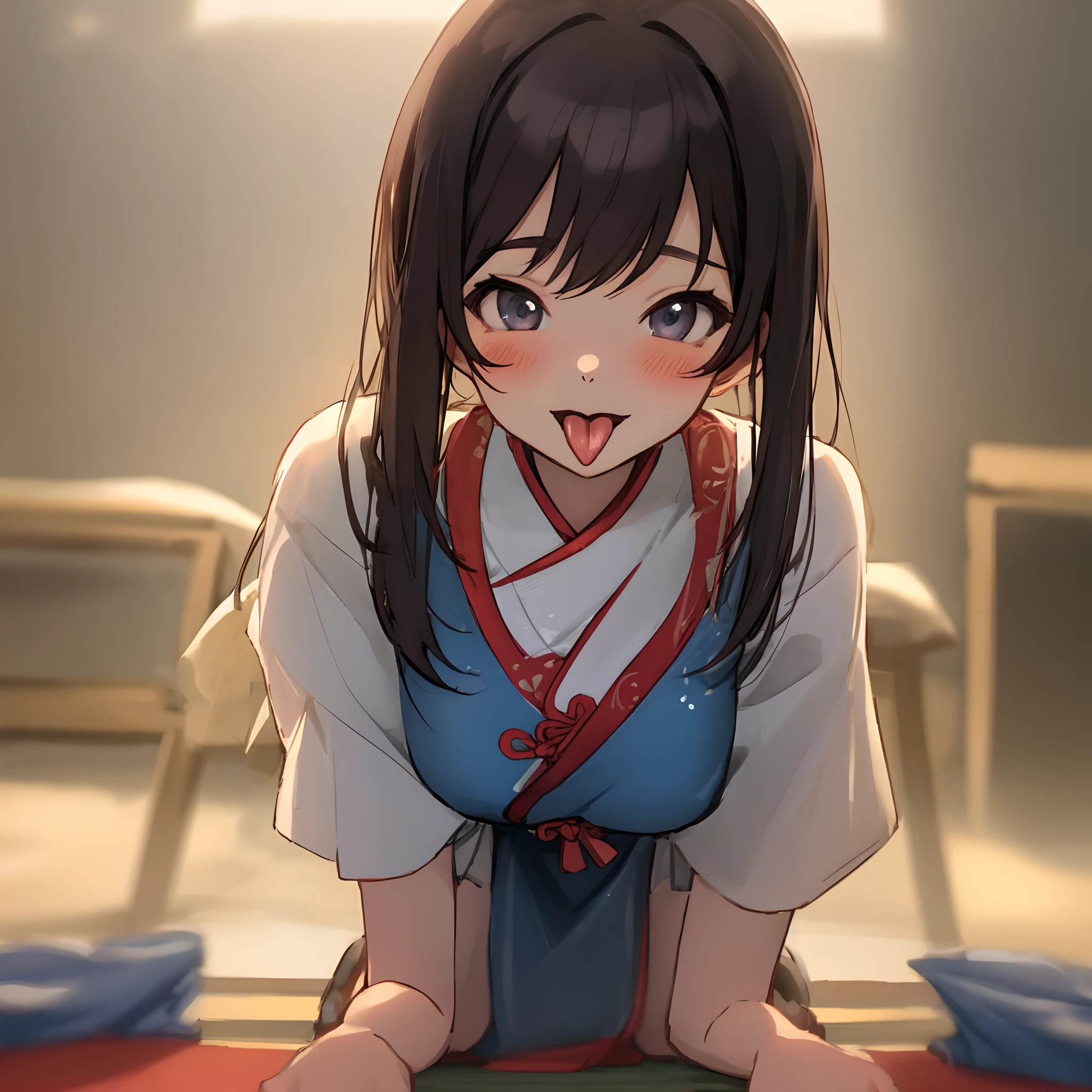 Asian girl on her knees with tongue out