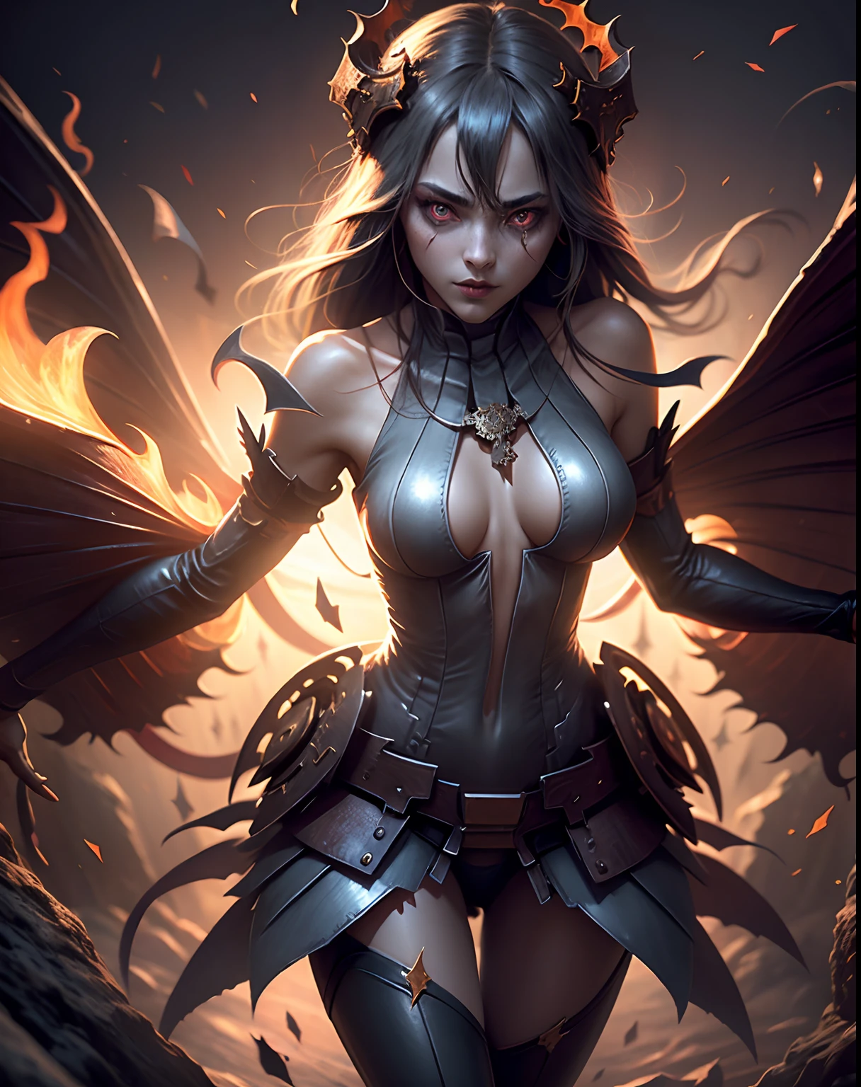Dark wizard girl as a terrifying legendary demon in the fiery hell realm with an army of demons