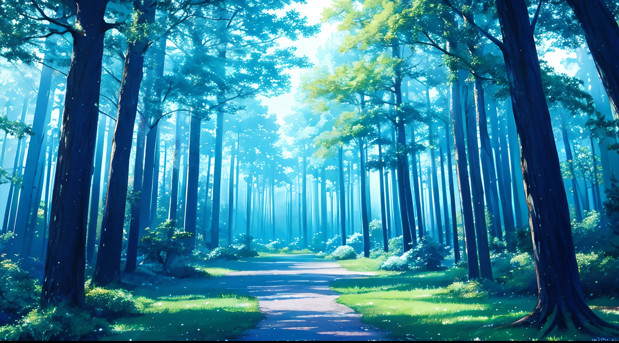 Background (anime style) magical forest, main color: light blue