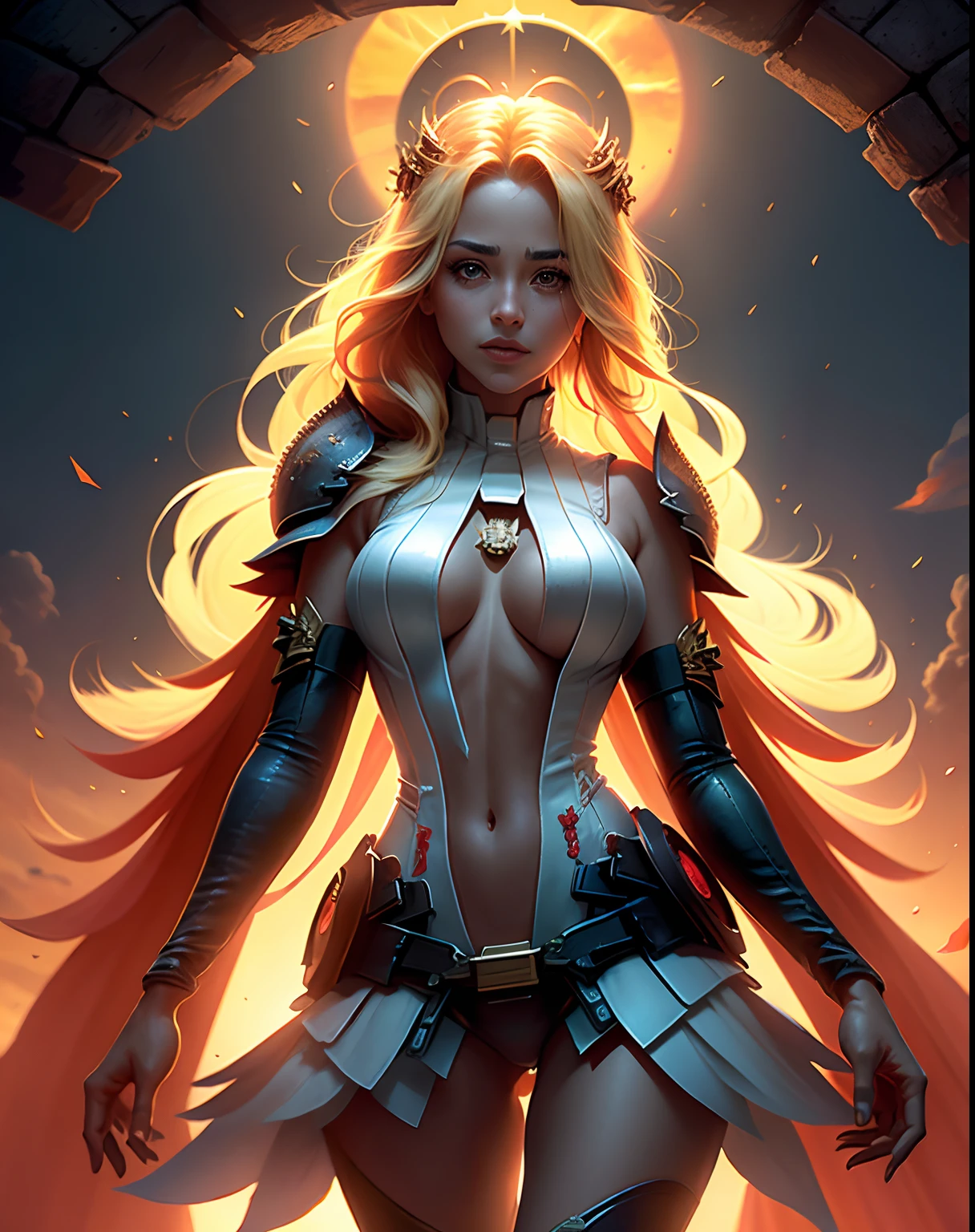 Chica maga oscura como una diosa legendario en el reino de los cielos, ardiente entre nubes y rayos de sol a su alrededor.