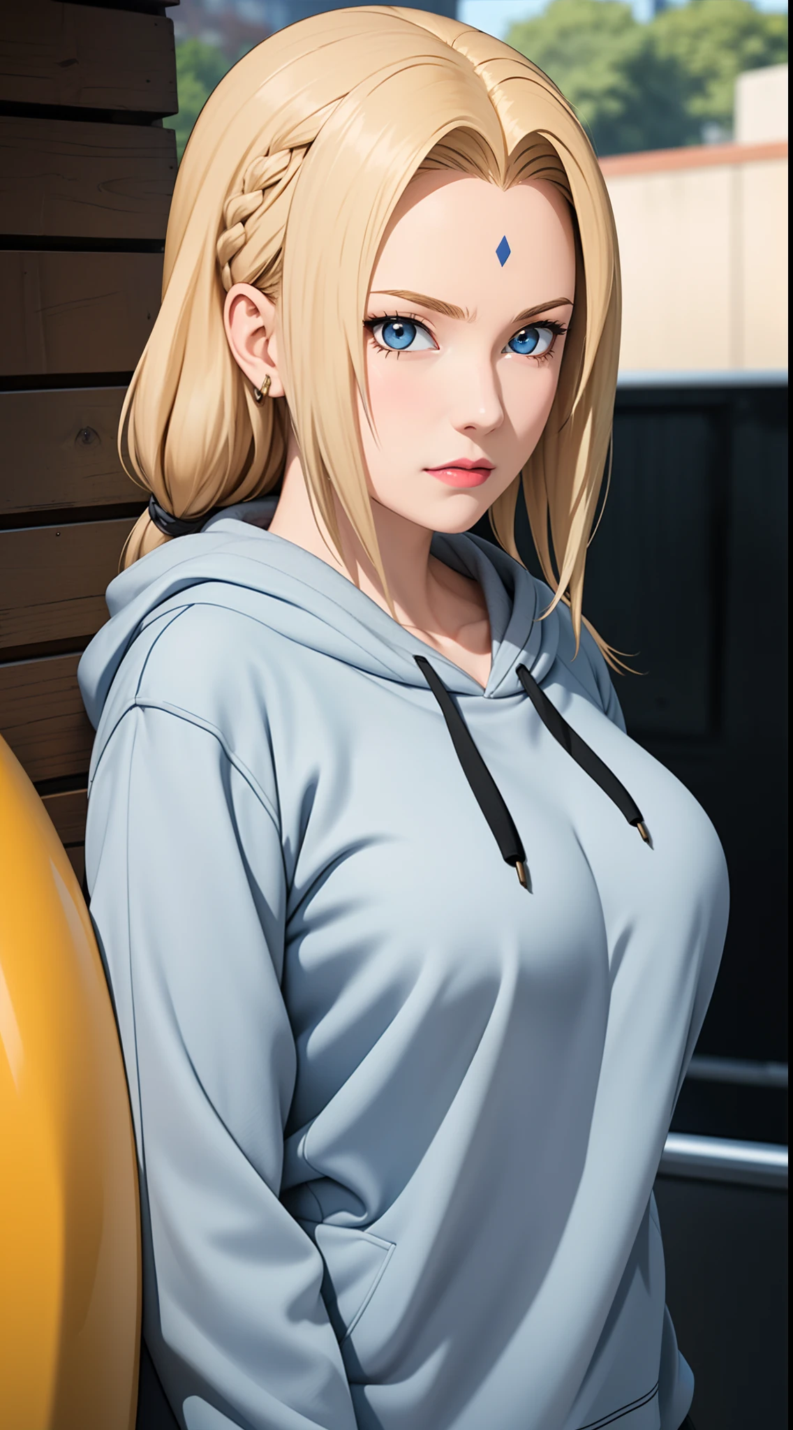 masterpiece, best quality, ultra-detailed, 1girl, upper body, 
long hair, blonde hair, french braid, blue eyes, blunt bangs, 
Wearing Streetwear Hoodie, stylish,
medium breast, cool attitude 
looking at viewer, Tsunade \(shippuden\)