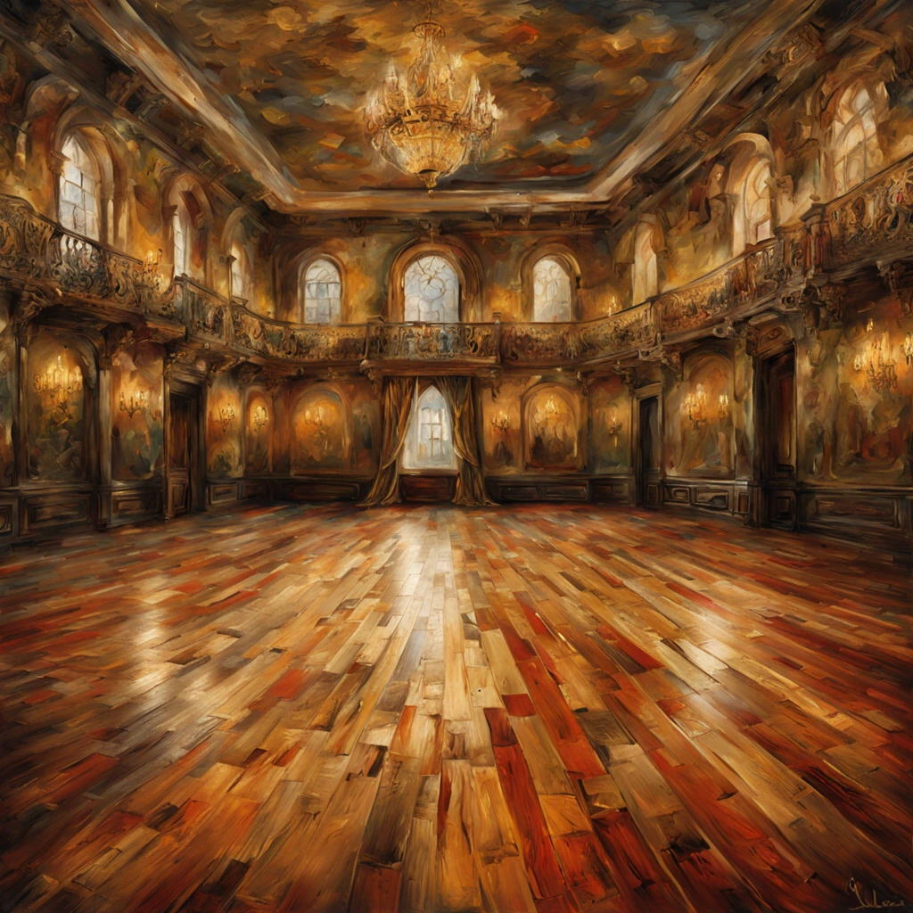 Alinor Floor Ballroom Timeworn, a fancy ball going on, in Semi Impasto art style, best quality, masterpiece