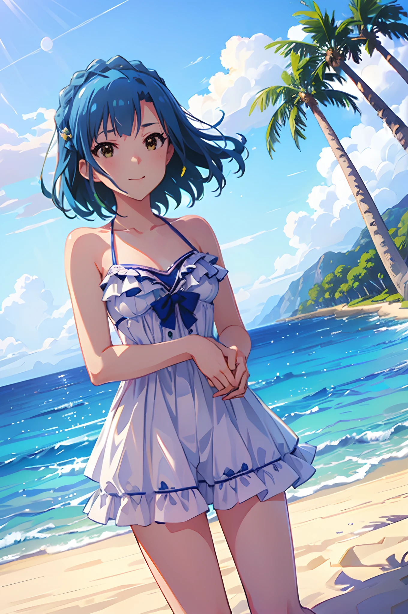 yuriko nanao (million live), 1 girl, Solo, Cute Girl, Best Quality, Ultra-detailed, 8K, High resolution, Detailed face, shiny skin, (from below), Bob Hair, Smile, (((have fun))), (((bikini, wet skin, wet hair))), (((outdoor, shining sky, sunshine, Summer, Beach, Resort, palm tree, flying seagull,)))