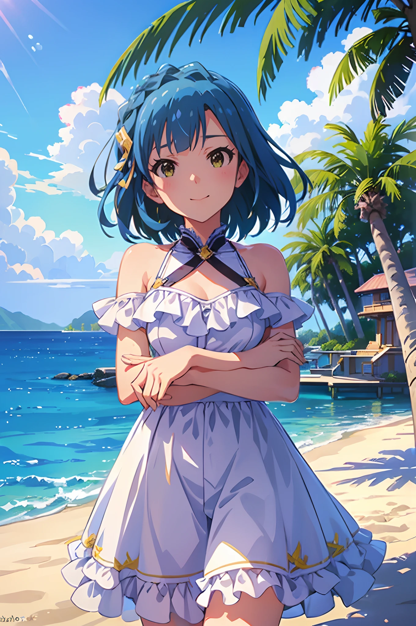 yuriko nanao (million live), 1 girl, Solo, Cute Girl, Best Quality, Ultra-detailed, 8K, High resolution, Detailed face, shiny skin, (Cinematic Angle), Bob Hair, Smile, troubled eyebrows, blush, bikini, (((outdoor, shining sky, Summer, Beach, Resort, palm tree,)))