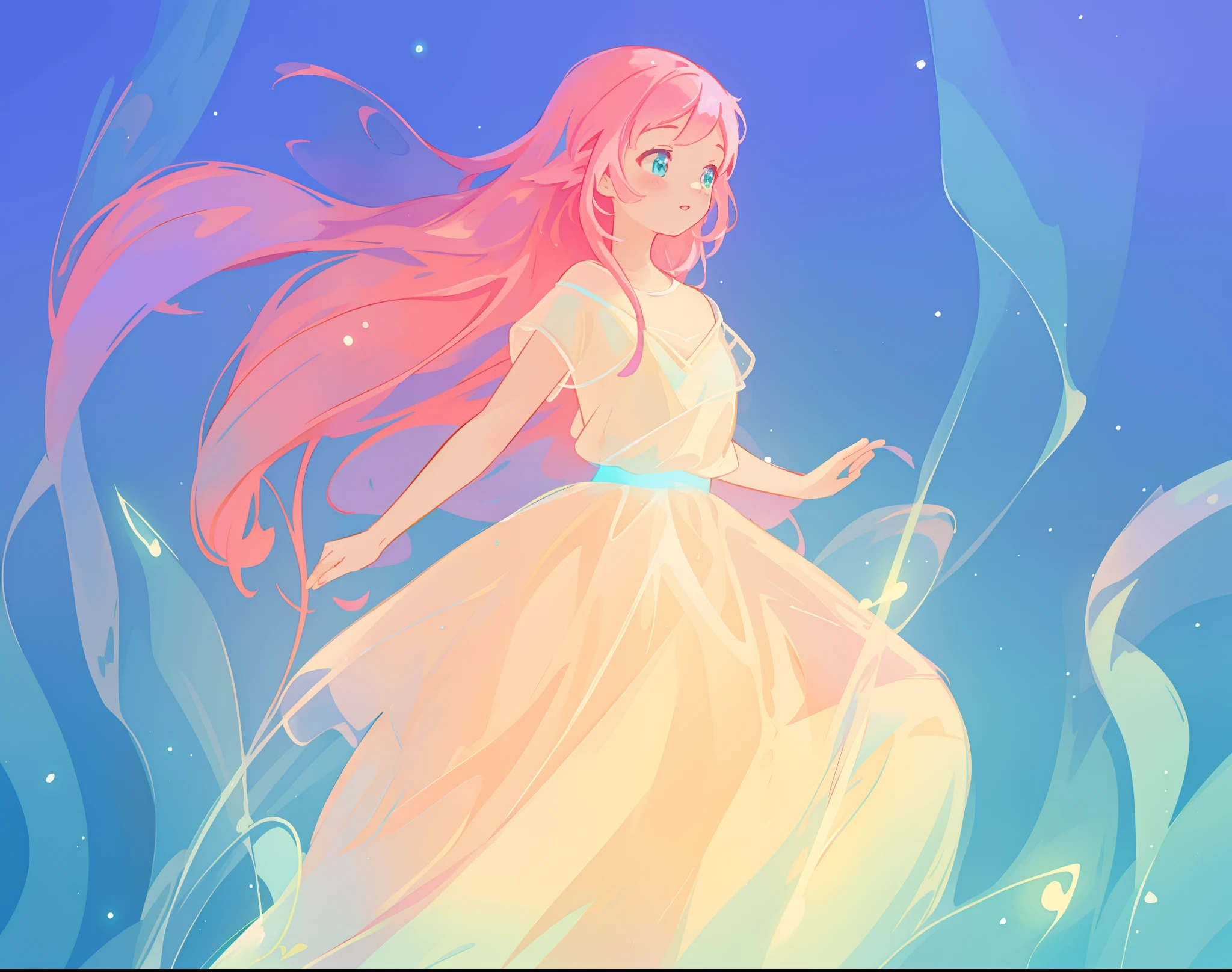 beautiful girl in flowing white dress, vibrant pastel colors, (colorful), magical lights, long flowing colorful pink hair, otherworldly aqua and blue landscape background, inspired by Glen Keane, inspired by Lois van Baarle, disney art style, by Lois van Baarle, glowing aura around her, by Glen Keane, jen bartel, glowing lights! digital painting, flowing glowing hair, glowing flowing hair, beautiful digital illustration, fantasia background, whimsical, magical, fantasy, beautiful face, ((masterpiece, best quality)), intricate details, highly detailed, sharp focus, 8k resolution, sparkling detailed eyes, liquid watercolor