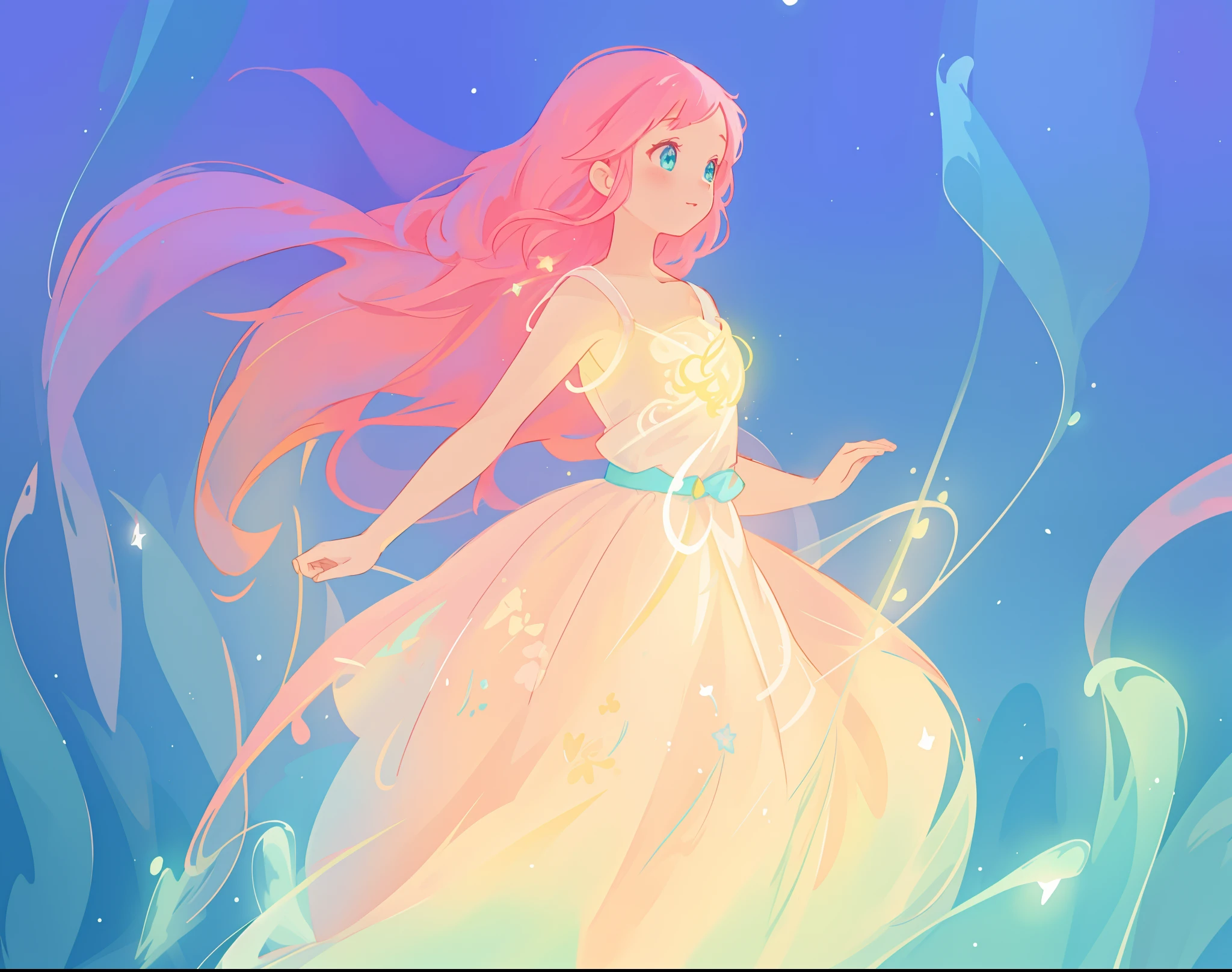 beautiful girl in flowing white dress, vibrant pastel colors, (colorful), magical lights, long flowing colorful pink hair, otherworldly aqua and blue landscape background, inspired by Glen Keane, inspired by Lois van Baarle, disney art style, by Lois van Baarle, glowing aura around her, by Glen Keane, jen bartel, glowing lights! digital painting, flowing glowing hair, glowing flowing hair, beautiful digital illustration, fantasia background, whimsical, magical, fantasy, beautiful face, ((masterpiece, best quality)), intricate details, highly detailed, sharp focus, 8k resolution, sparkling detailed eyes, liquid watercolor