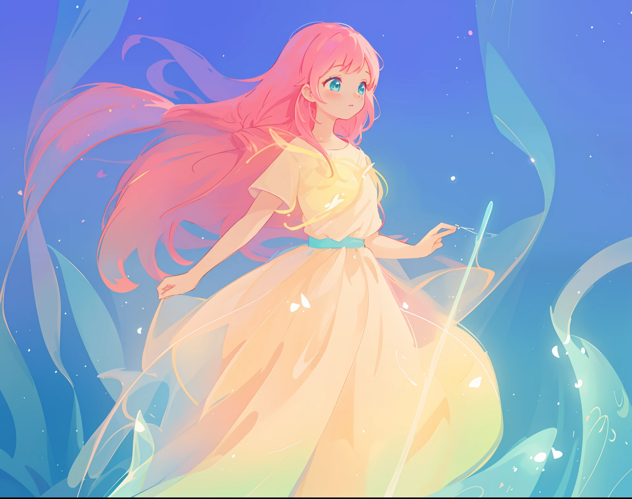 beautiful girl in flowing white dress, vibrant pastel colors, (colorful), magical lights, long flowing colorful pink hair, otherworldly aqua and blue landscape background, inspired by Glen Keane, inspired by Lois van Baarle, disney art style, by Lois van Baarle, glowing aura around her, by Glen Keane, jen bartel, glowing lights! digital painting, flowing glowing hair, glowing flowing hair, beautiful digital illustration, fantasia background, whimsical, magical, fantasy, beautiful face, ((masterpiece, best quality)), intricate details, highly detailed, sharp focus, 8k resolution, sparkling detailed eyes, liquid watercolor